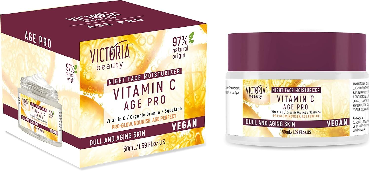 Prodotto Victoria Beauty Vitamin C Age Pro. Vasetto e confezione. Scritta: Night Face Moisturizer. Per pelli spente e mature.