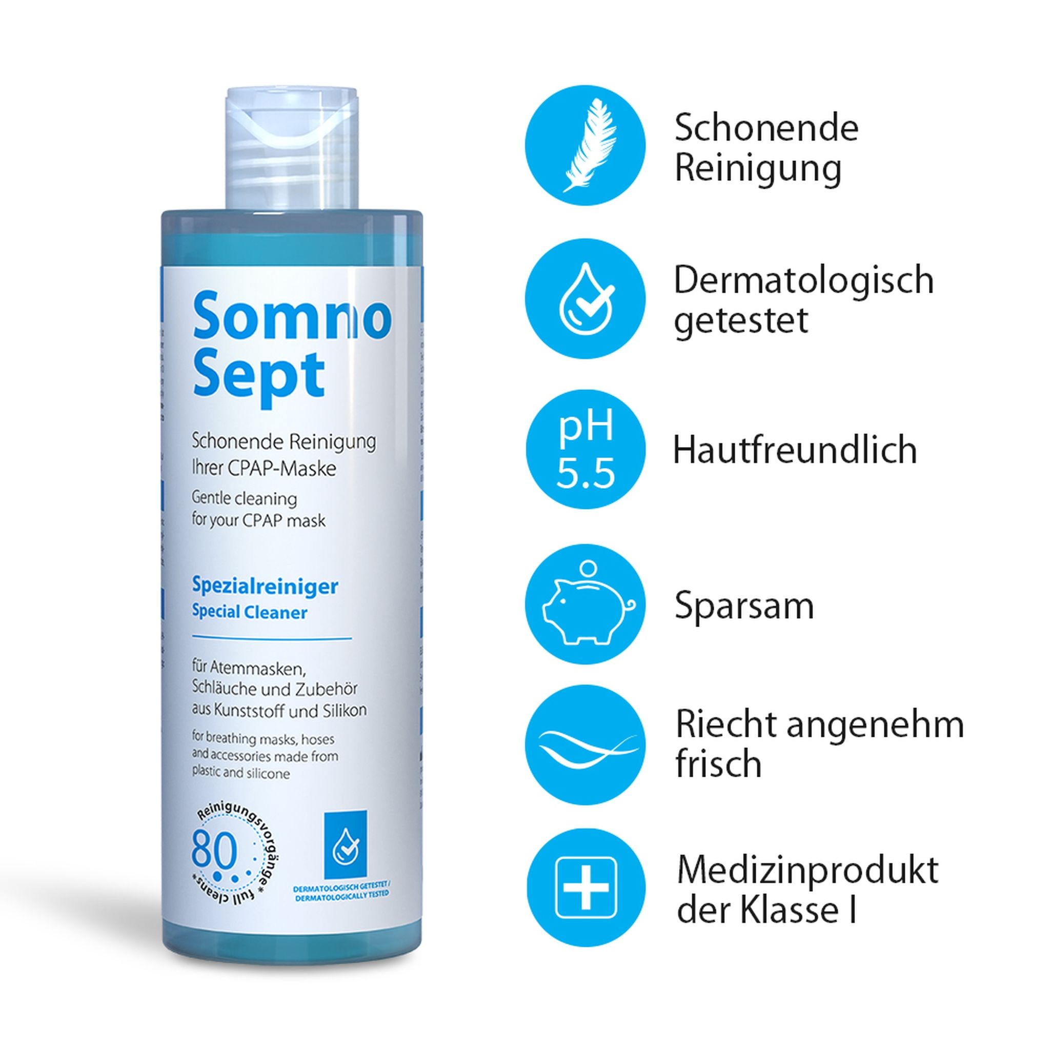 Flacone detergente con testo e icone. Testo: SomnoSept, detergente speciale. Icone: delicato, dermatologicamente testato, pH 5,5, economico, fresco, dispositivo medico.