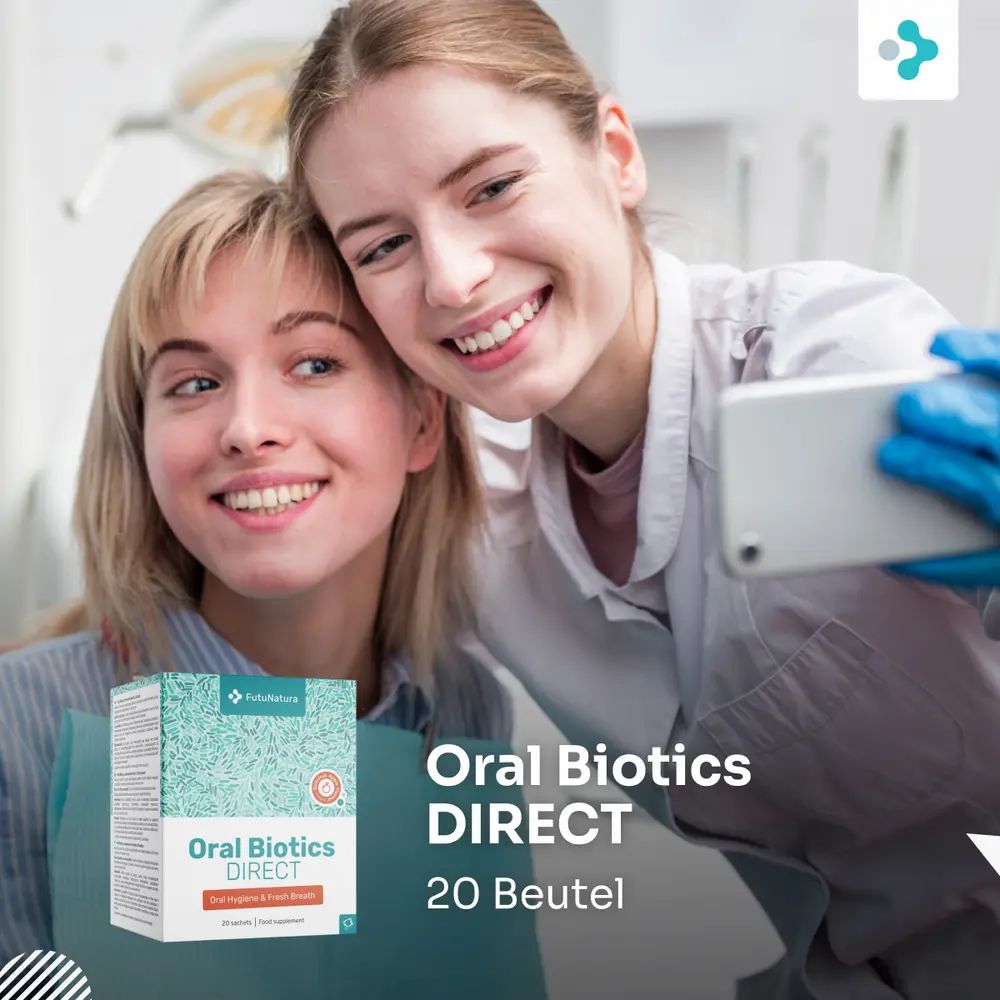 Due donne sorridenti si scattano un selfie con una confezione FutuNatura Oral Biotics DIRECT.