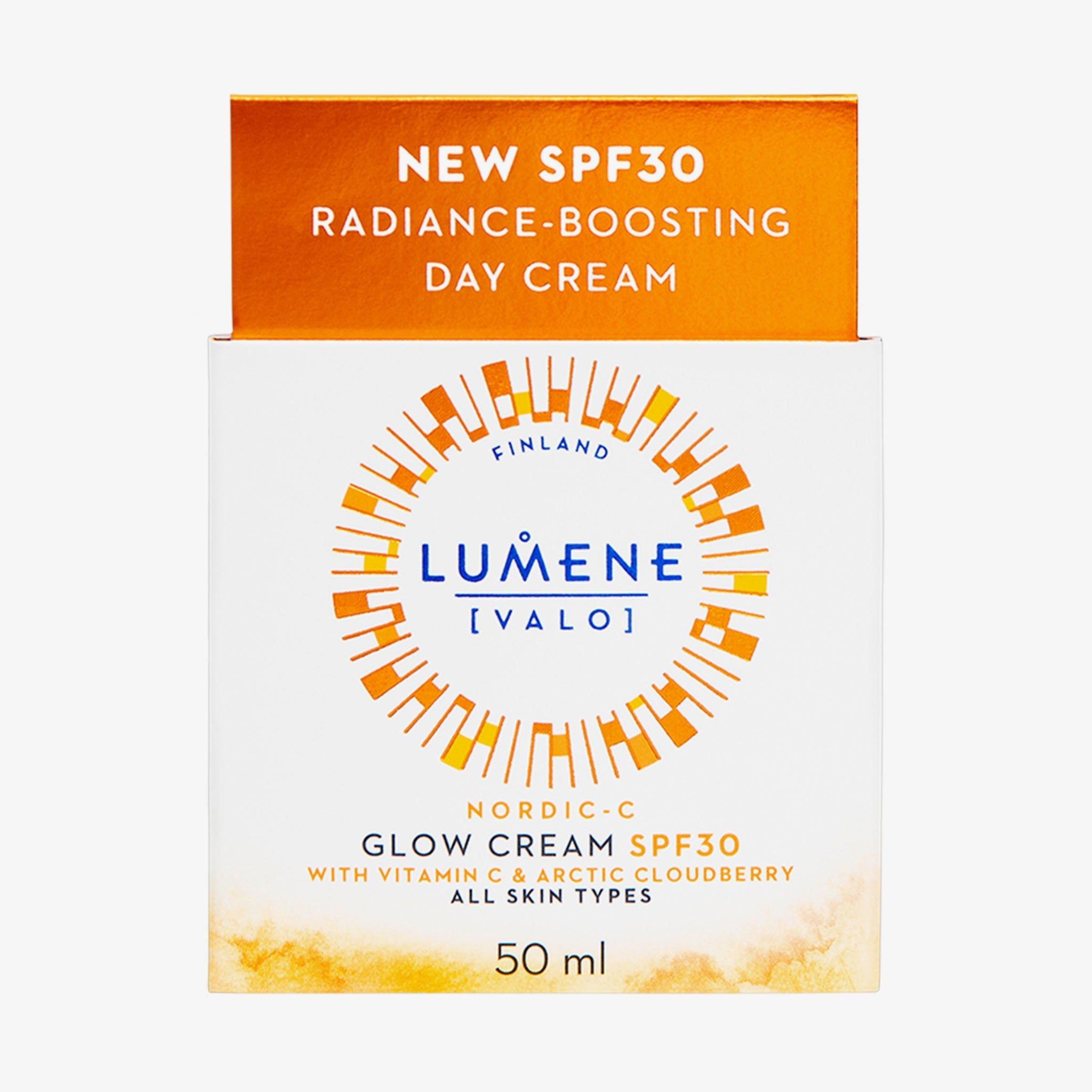 Confezione con scritta: LUMENE, NORDIC-C [VALO] GLOW CREAM SPF30. Con 50 ml.