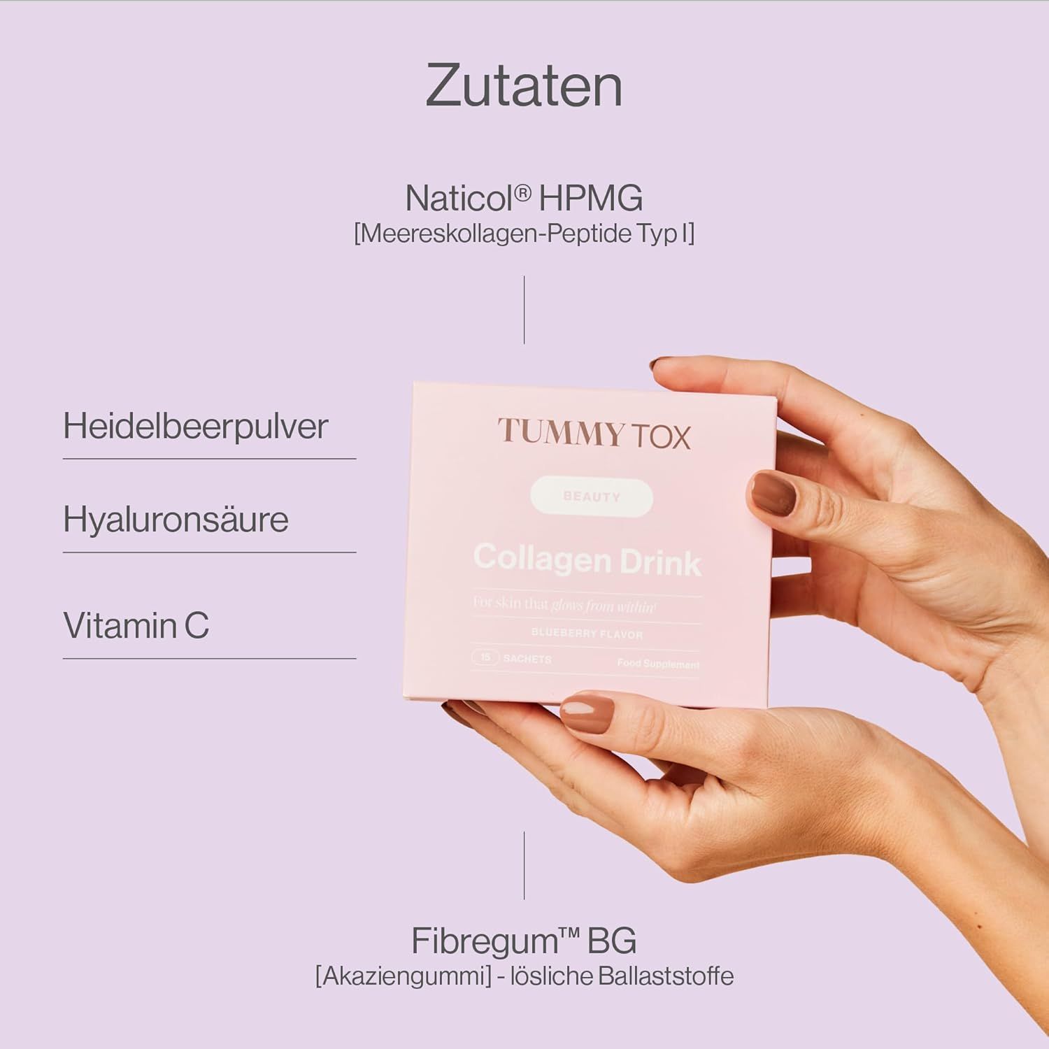 Mani che tengono una confezione rosa "Tummy Tox Collagen Drink". Ingredienti: Naticol HPMG, polvere di mirtillo, acido ialuronico, vitamina C.