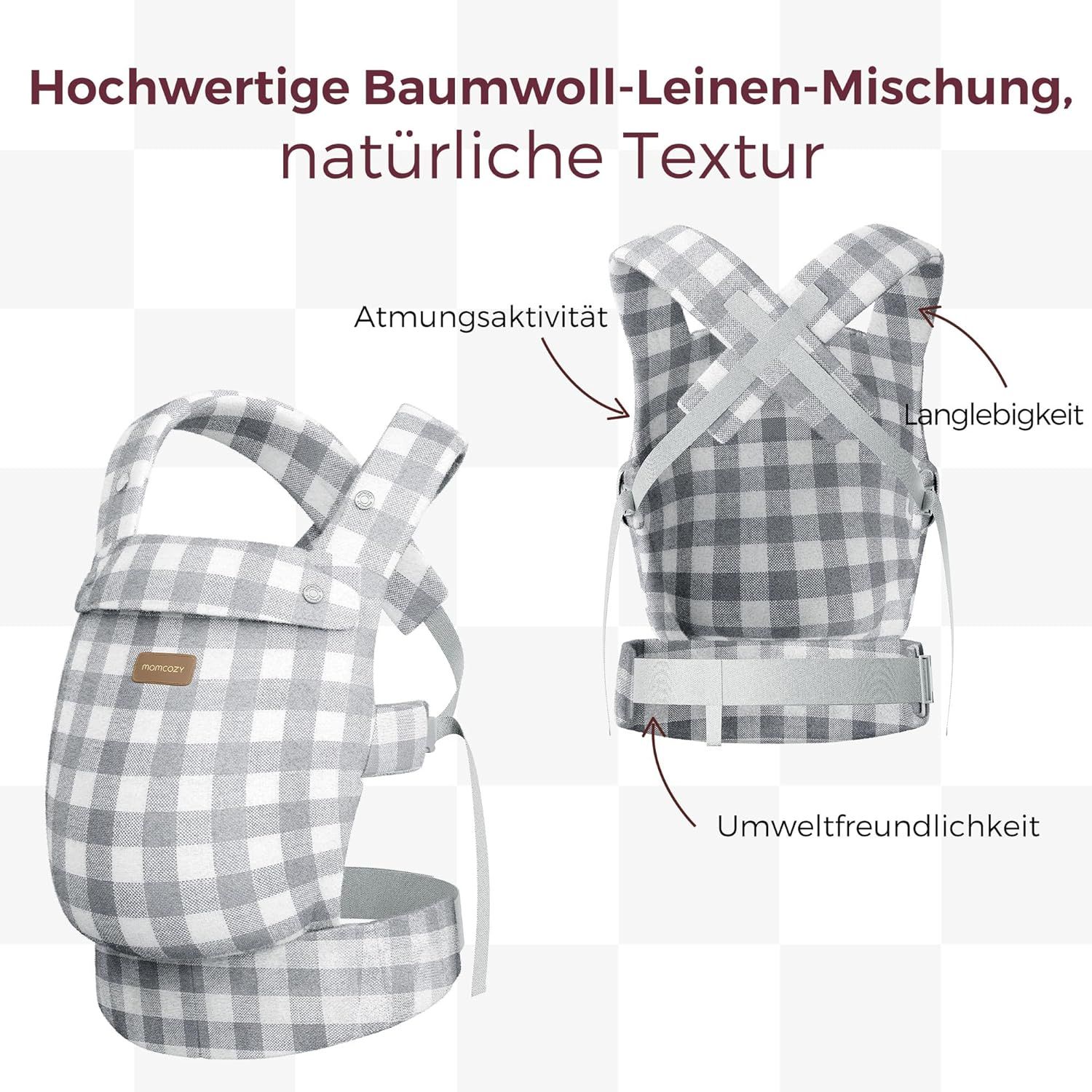 Momcozy Marsupio per Bambini Leggero e Traspirante con Motivo a Quadri Blu Grigio