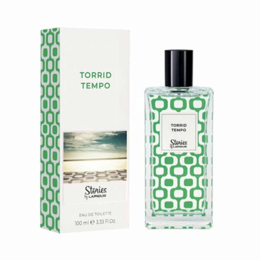 Flacone e confezione di eau de toilette. Flacone rettangolare con motivo verde. Confezione con motivo verde e foto della spiaggia. Testo: Torrid Tempo, Stories by Lapidus.