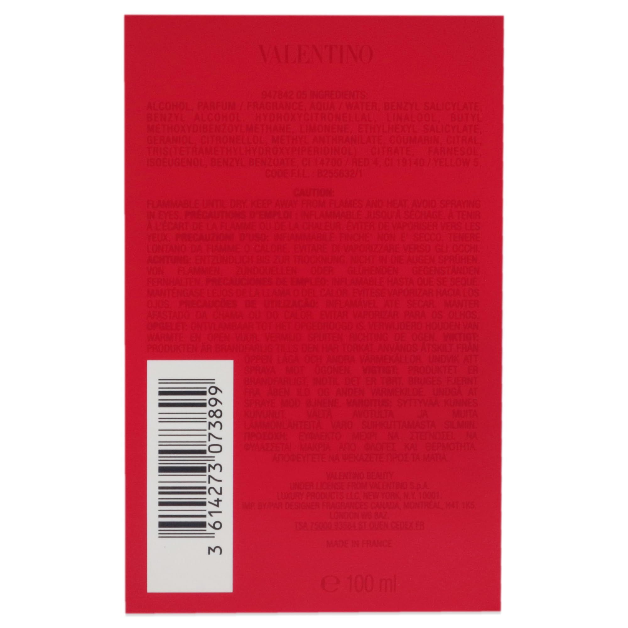 Retro della confezione rossa. Testo con ingredienti e avvertenze. Codice a barre.