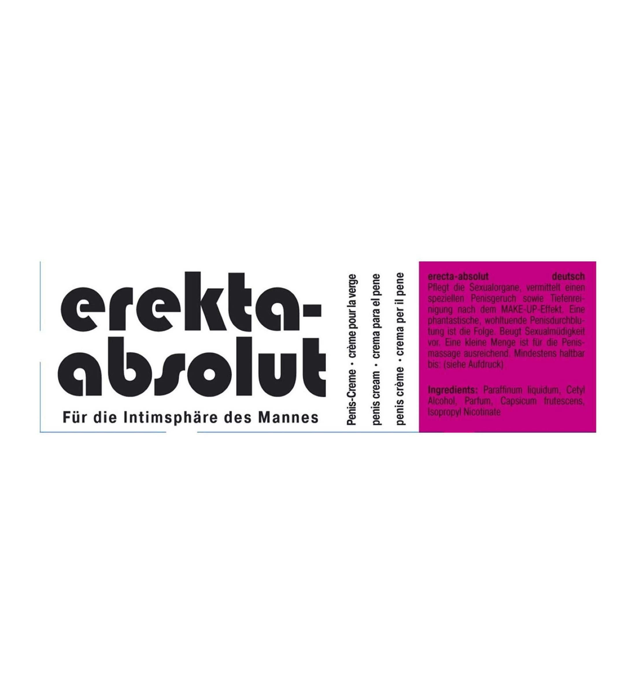 Nome del prodotto e ingredienti su sfondo bianco. Testo: erekta-absolut, crema per pene, Per l'intimità dell'uomo.