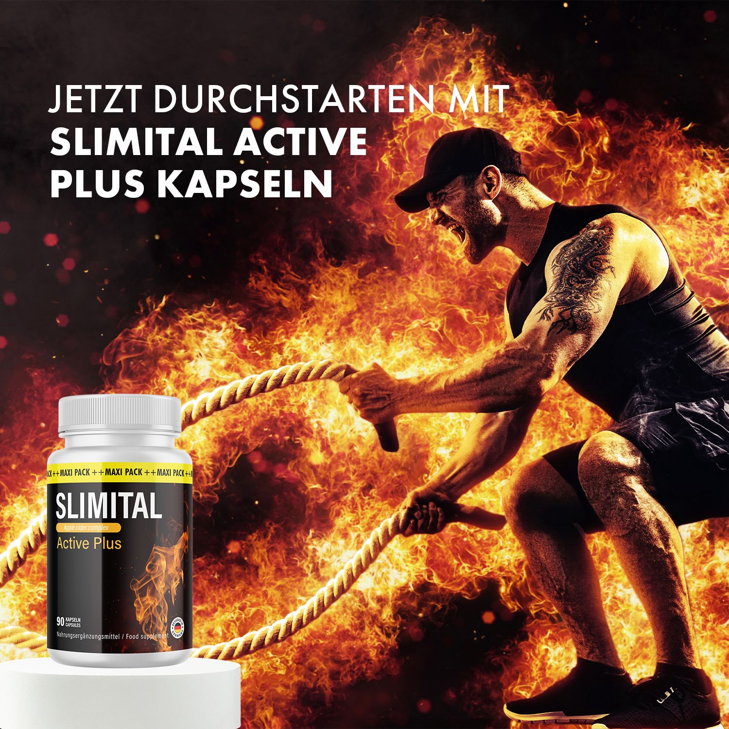 Uomo che si allena con la corda, fiamme sullo sfondo. Flacone di capsule SLIMITAL Active Plus. Banda gialla, etichetta nera.