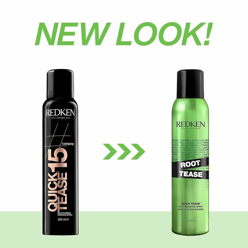 Confronto tra Redken Quick Tease 15 e Root Tease. Quick Tease in nero, Root Tease in verde. Frecce indicano il nuovo look.