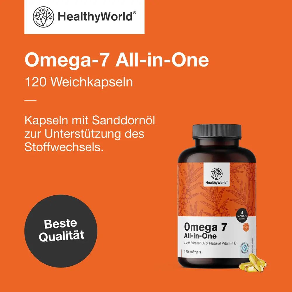 Immagine del prodotto Omega-7 All-in-One. Scritta: HealthyWorld, 120 softgels. Migliore qualità.