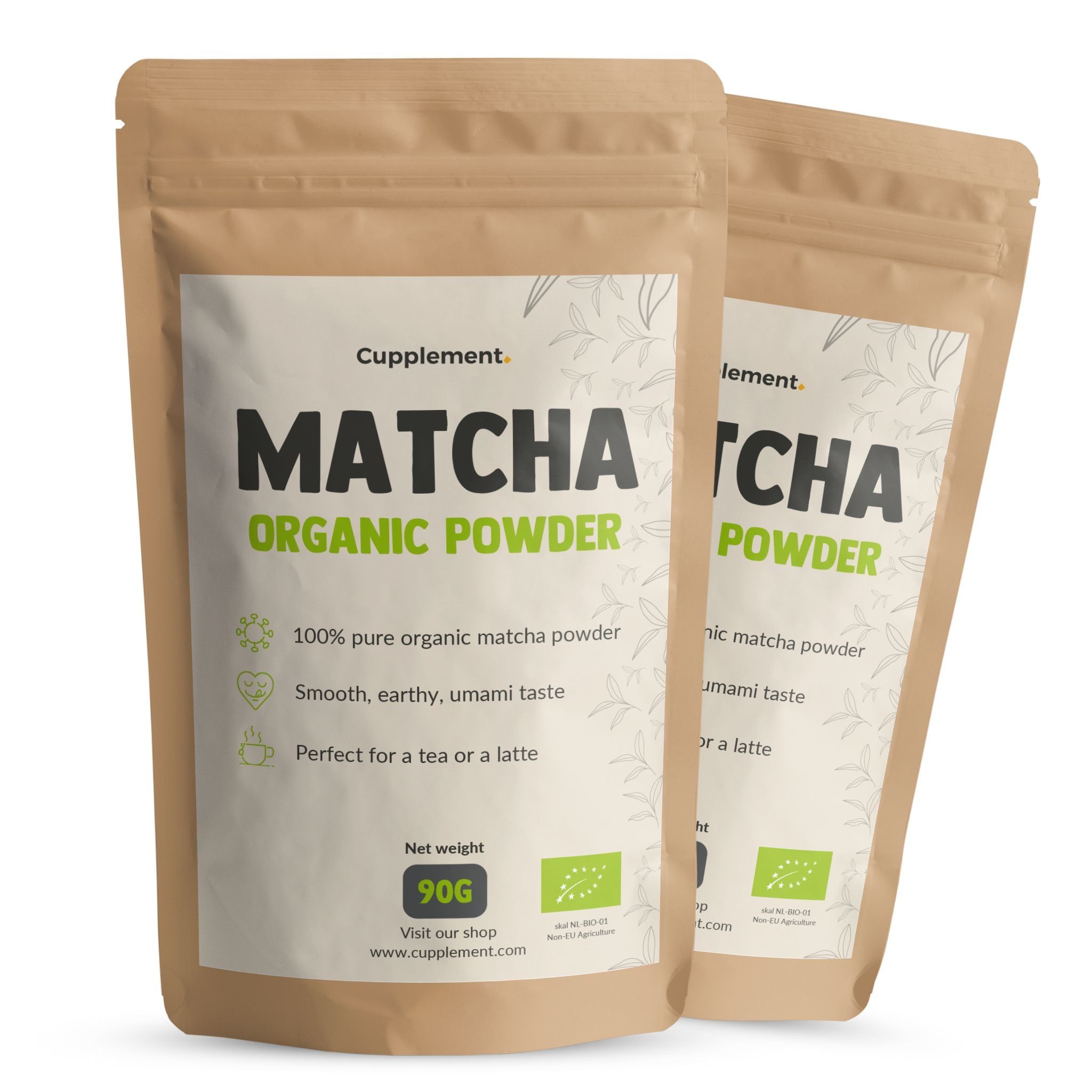 Due confezioni di polvere di Matcha BIO Cupplement. Confezione marrone, testo verde. 90g, sigillo bio.