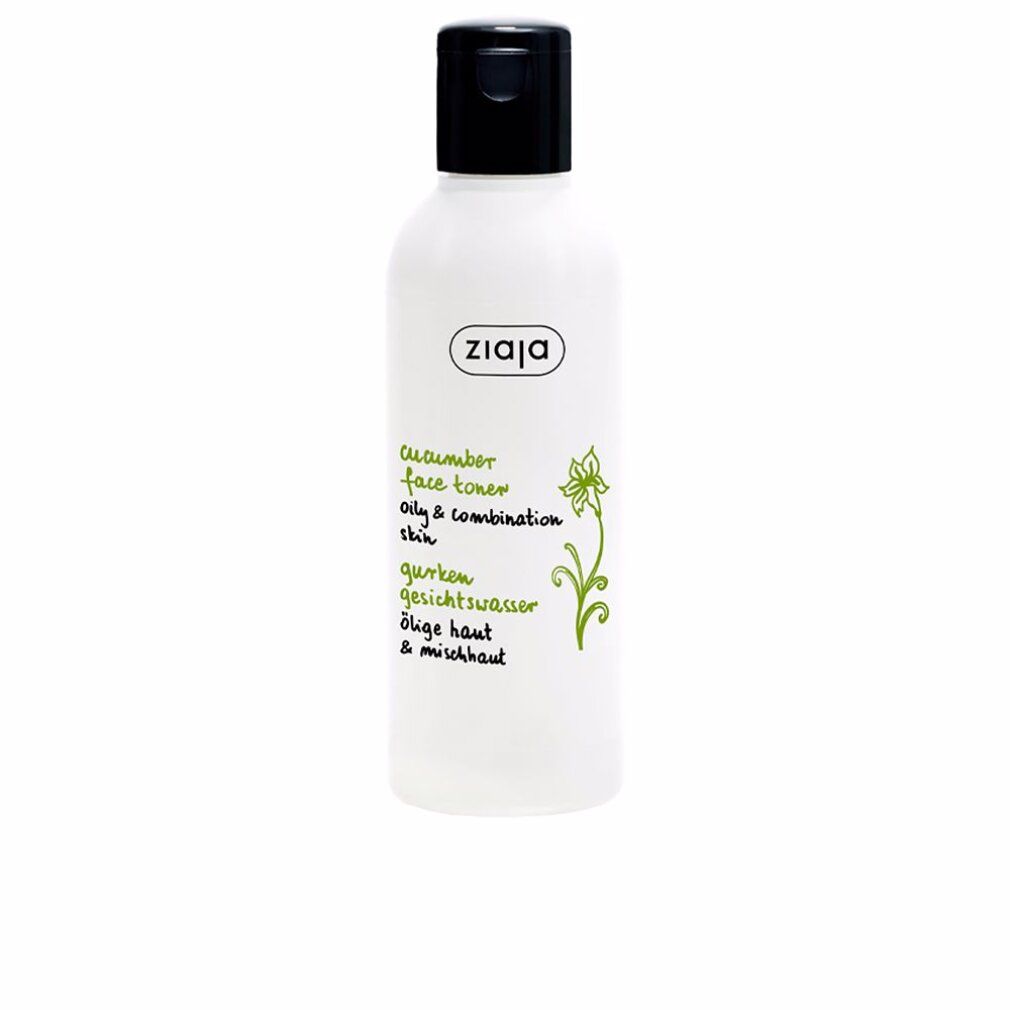 Flacone bianco con tappo nero. Scritta: ZIAJA, Cucumber Face Toner. Per pelli grasse e miste. Illustrazione verde.