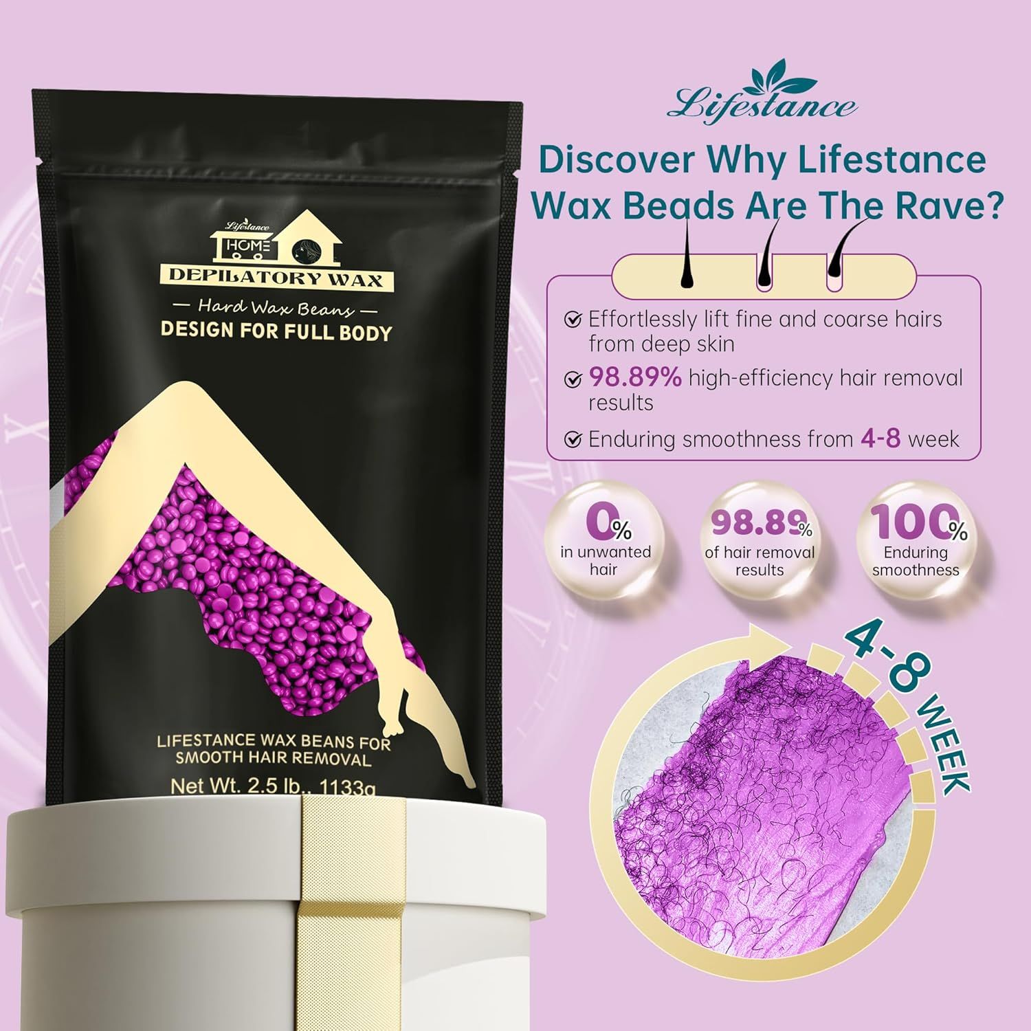 Confezione nera con perle di cera viola. Testo: Lifestance, Depilatory Wax, Design per tutto il corpo. 2.5 lb.