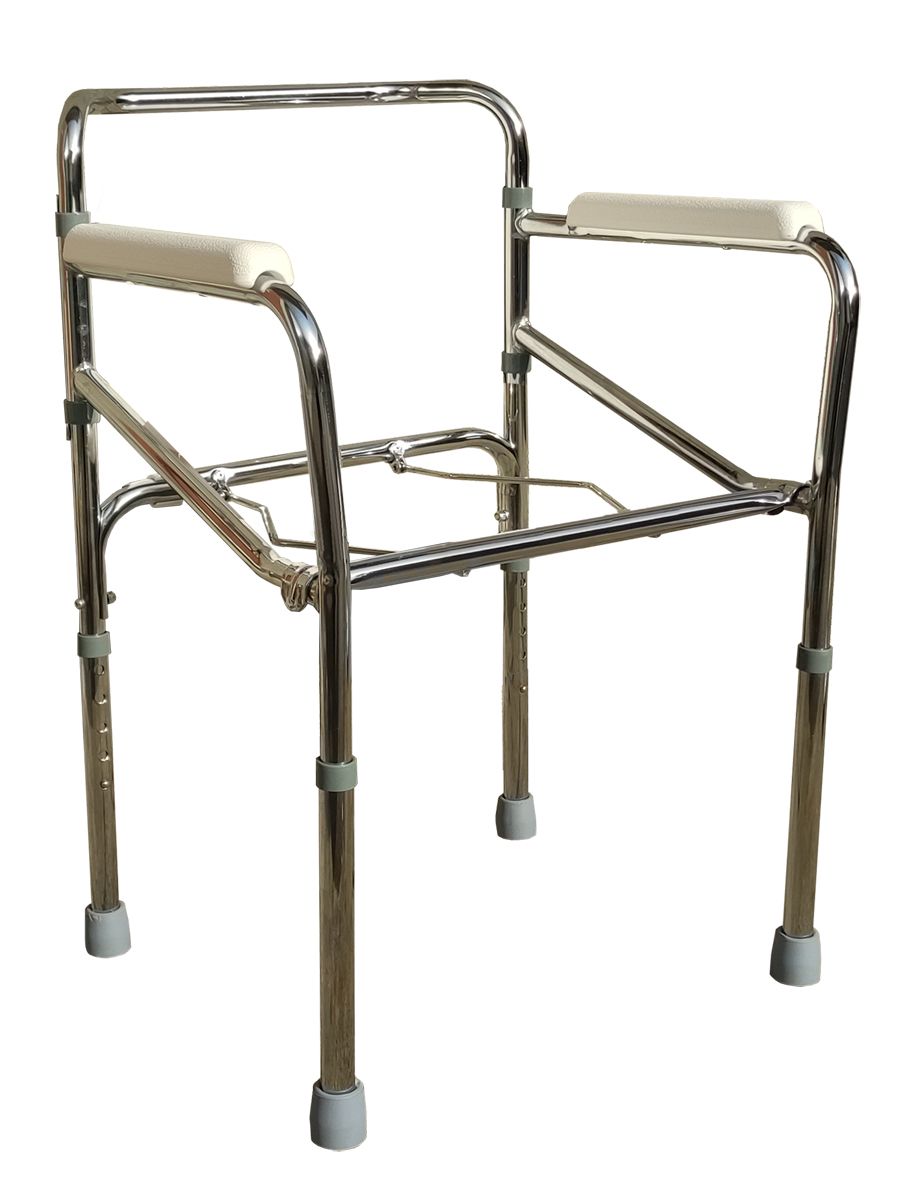 Sedia da toilette con struttura in metallo senza sedile e secchio. Braccioli, gambe regolabili.