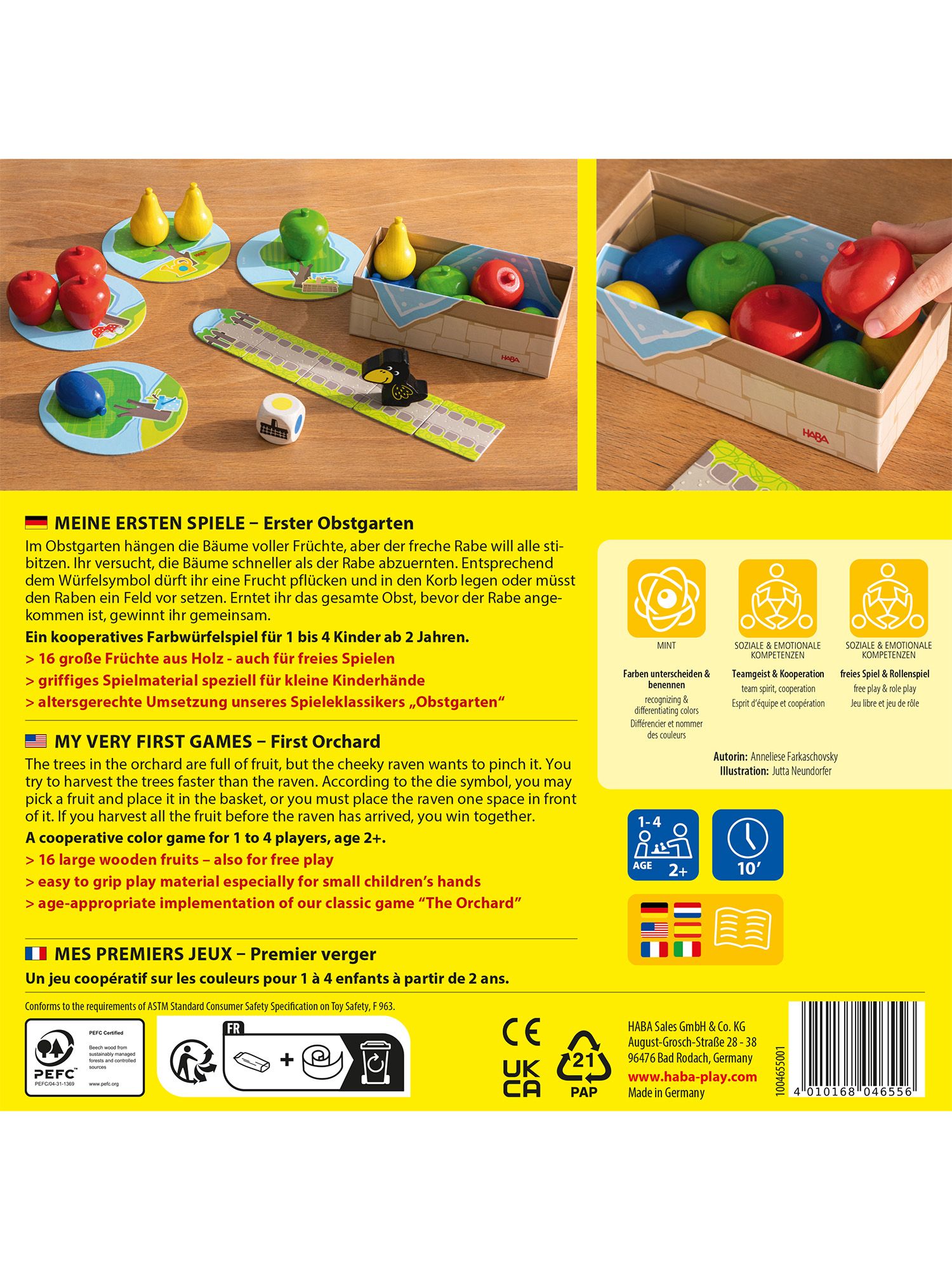 Retro della scatola di gioco "Erster Obstgarten". Testo in tedesco, inglese e francese. Illustrazioni dei materiali di gioco.