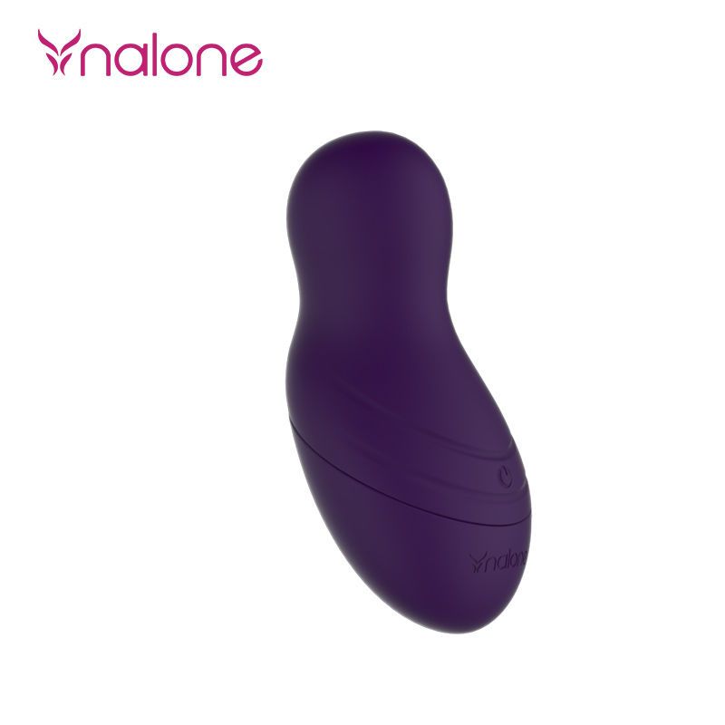 Stimolatore viola dalla forma curva con scanalature e il nome del marchio 'Nalone'.
