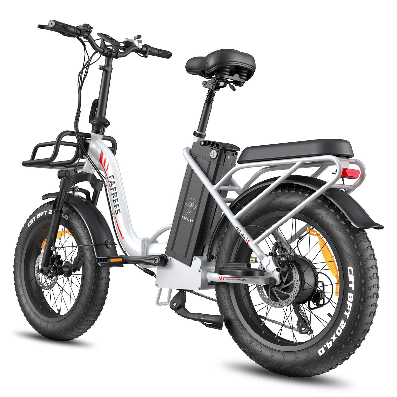 E-bike pieghevole bianca, sella e pneumatici neri. Logo FAFREES visibile. Portapacchi.