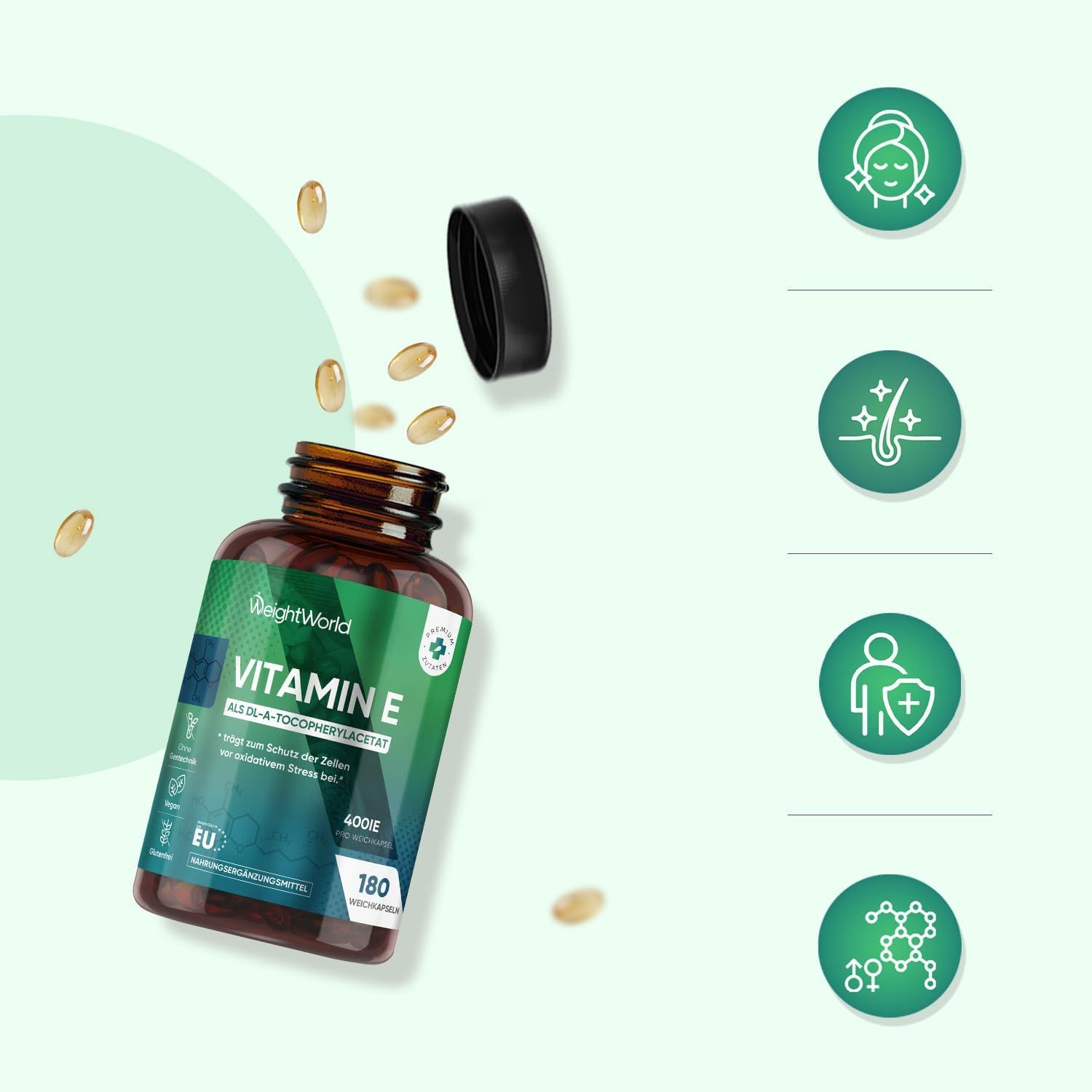 Flacone di capsule di vitamina E e capsule sparse. Testo: WeightWorld, Vitamina E, 180 capsule, 400UI. Simboli di salute.