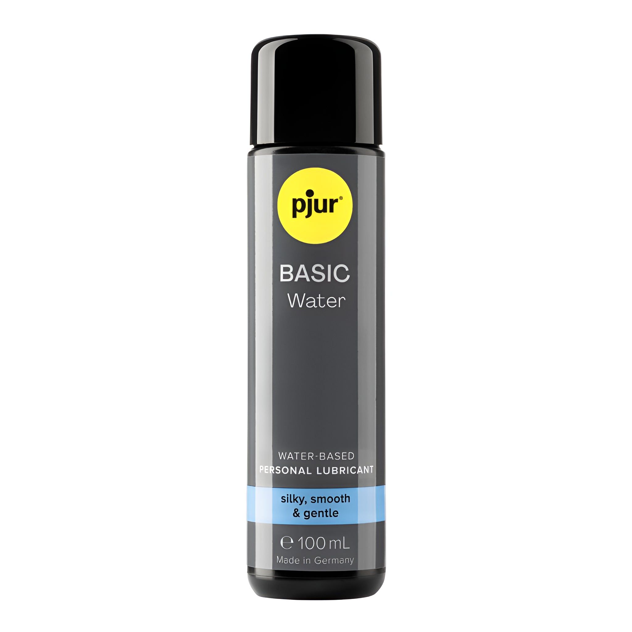 Flacone cilindrico con tappo nero. Scritta pjur BASIC Water, a base d'acqua. Accenti blu e gialli. Made in Germany.