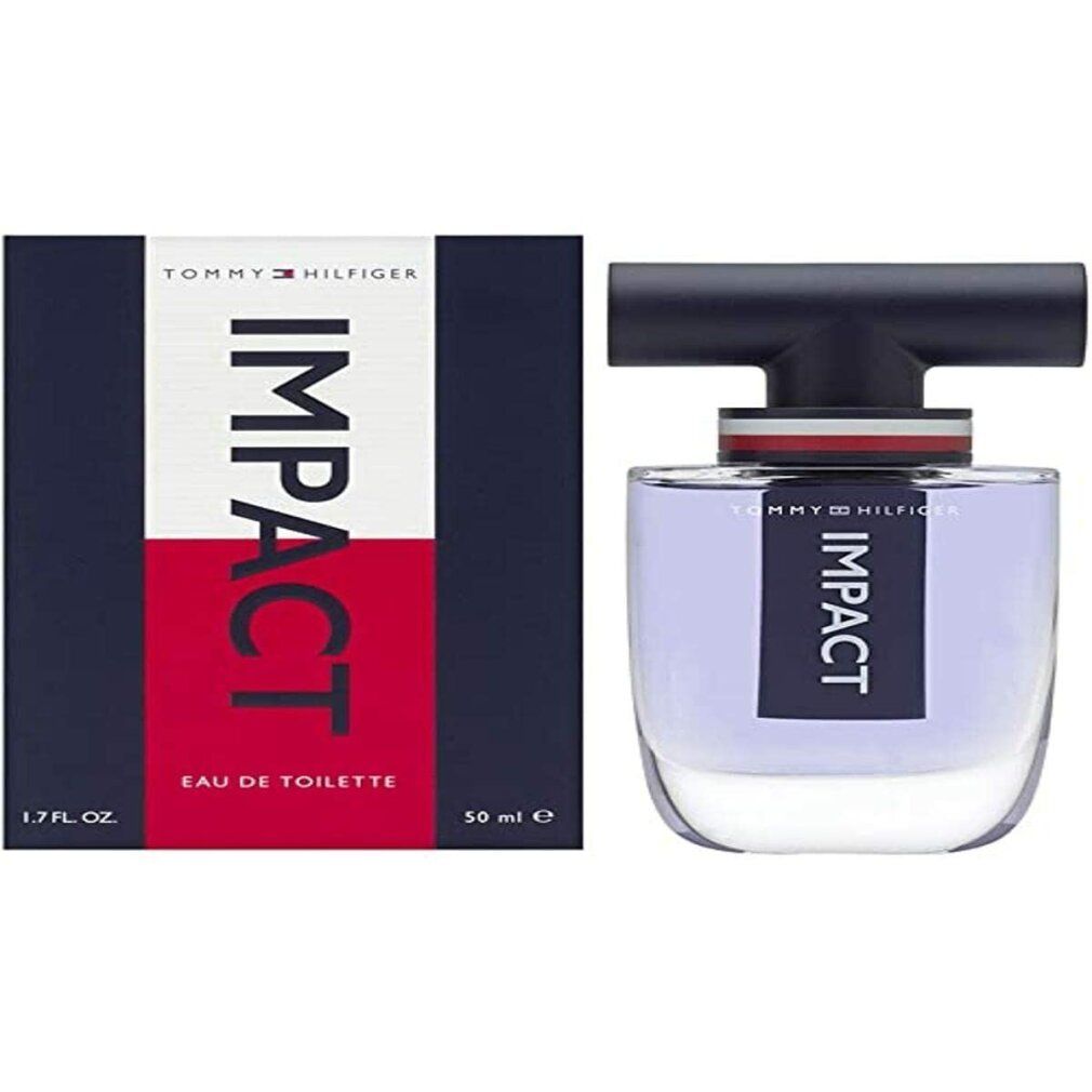 Flacone in vetro con liquido blu e tappo nero. Accanto, la confezione con scritta IMPACT e Tommy Hilfiger.