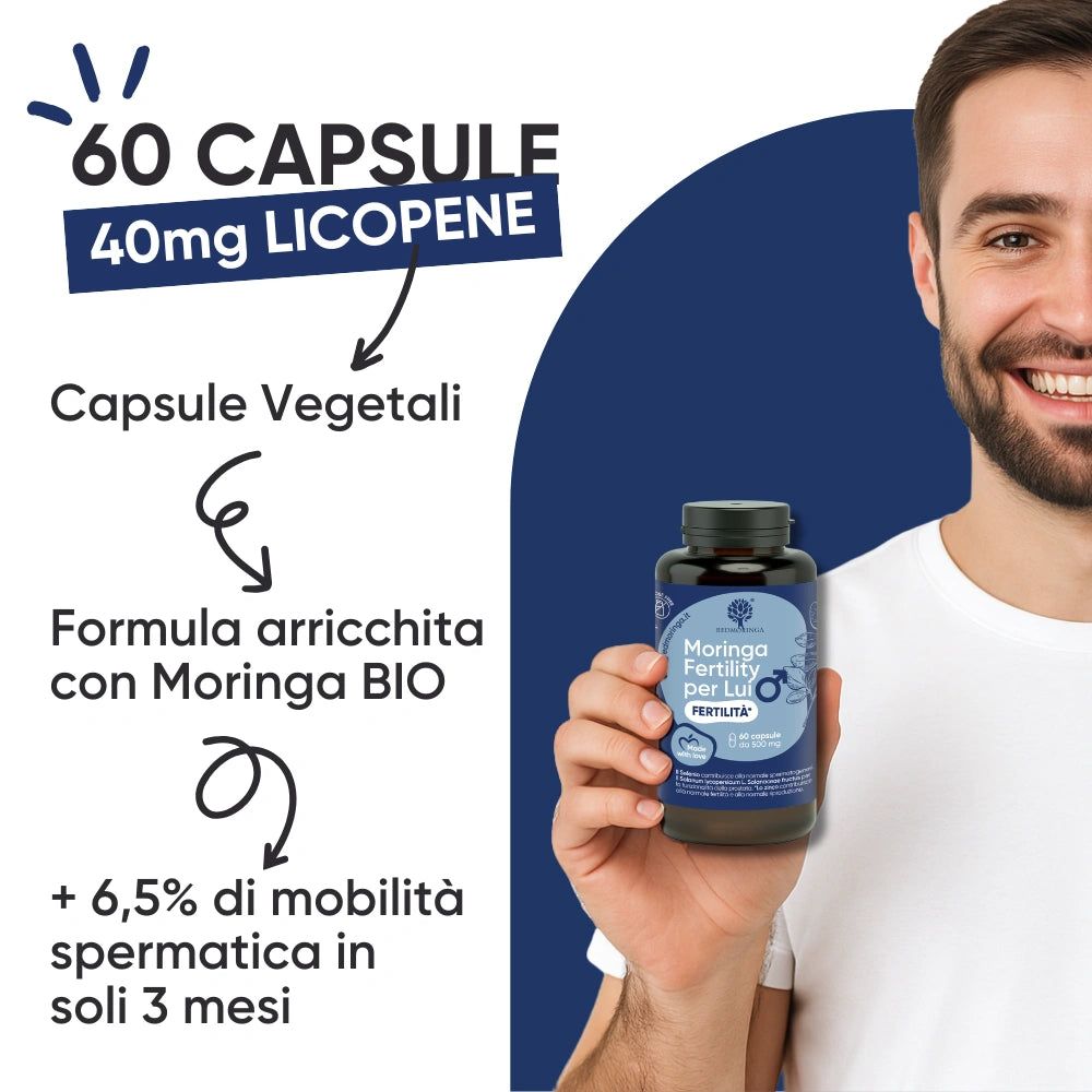 Uomo tiene in mano una bottiglia di capsule. Sulla bottiglia: Moringa Fertility per Lui. Testo: 60 capsule, 40mg Licopene.