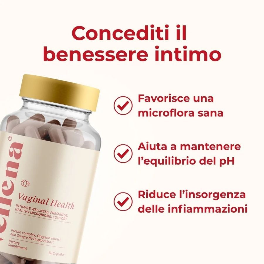 Flacone di vetro con capsule. Scritta: Vellena Vaginal Health. Benefici: Microflora sana, equilibrio del pH, riduzione delle infiammazioni.