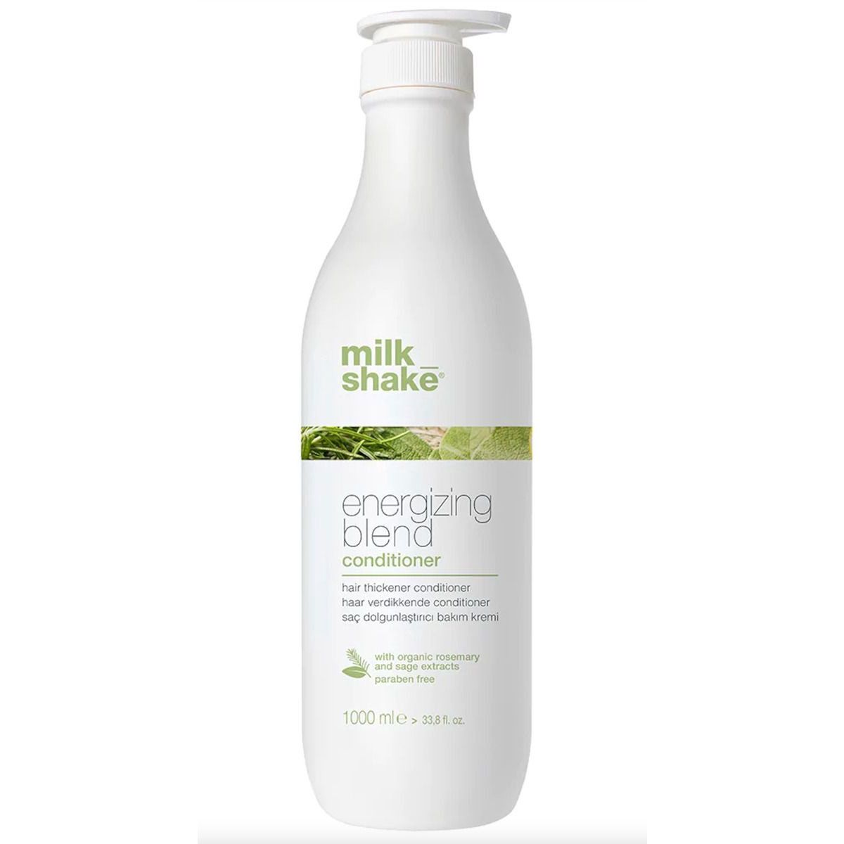 Flacone bianco con pompa del balsamo Milk_Shake Energizing Blend, 1000 ml.