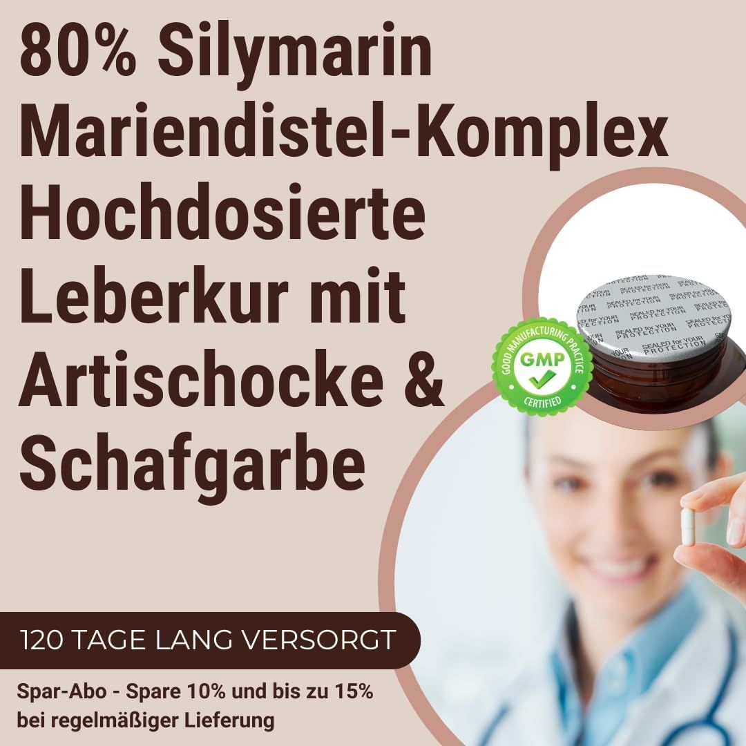 Capsula in mano a una persona. Testo: 80% Silimarina, complesso cardo mariano, cura epatica con carciofo e achillea. Certificazione GMP.