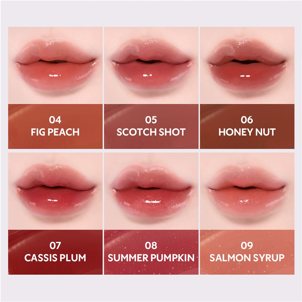 Nove varianti di colore del TIRTIR Waterism Glow Tint applicate sulle labbra.