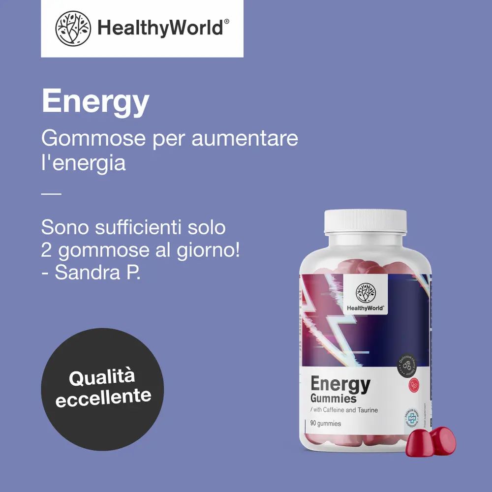 Flacone da 90 caramelle gommose energetiche, rosse, con caffeina e taurina. Sigillo "Migliore Qualità".