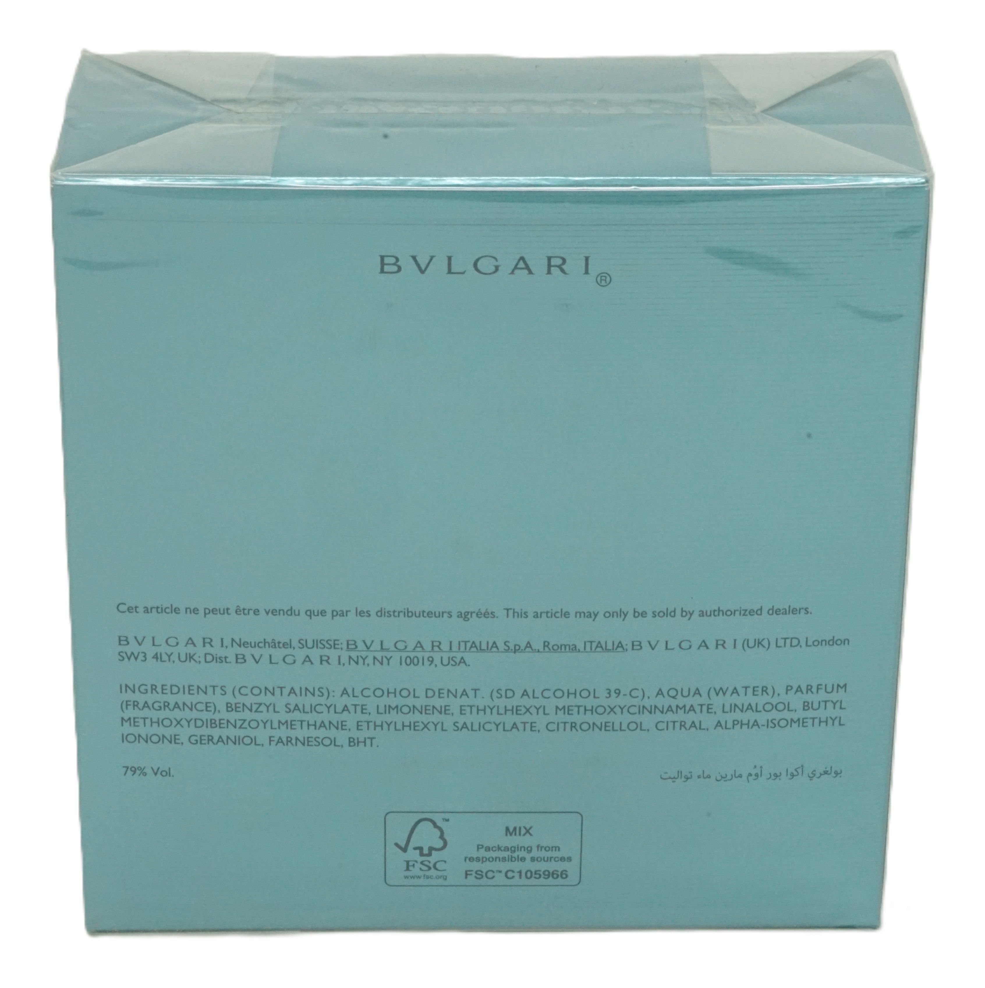 Confezione azzurra. Scritta: BVLGARI. Testo sugli ingredienti e logo FSC.