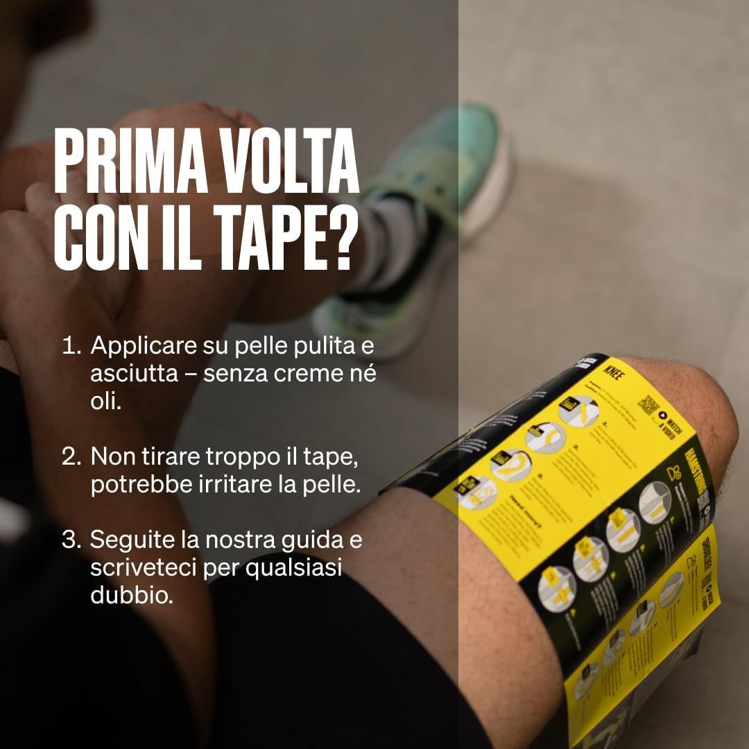 Nastro kinesiologico applicato sullo stinco per supporto.
