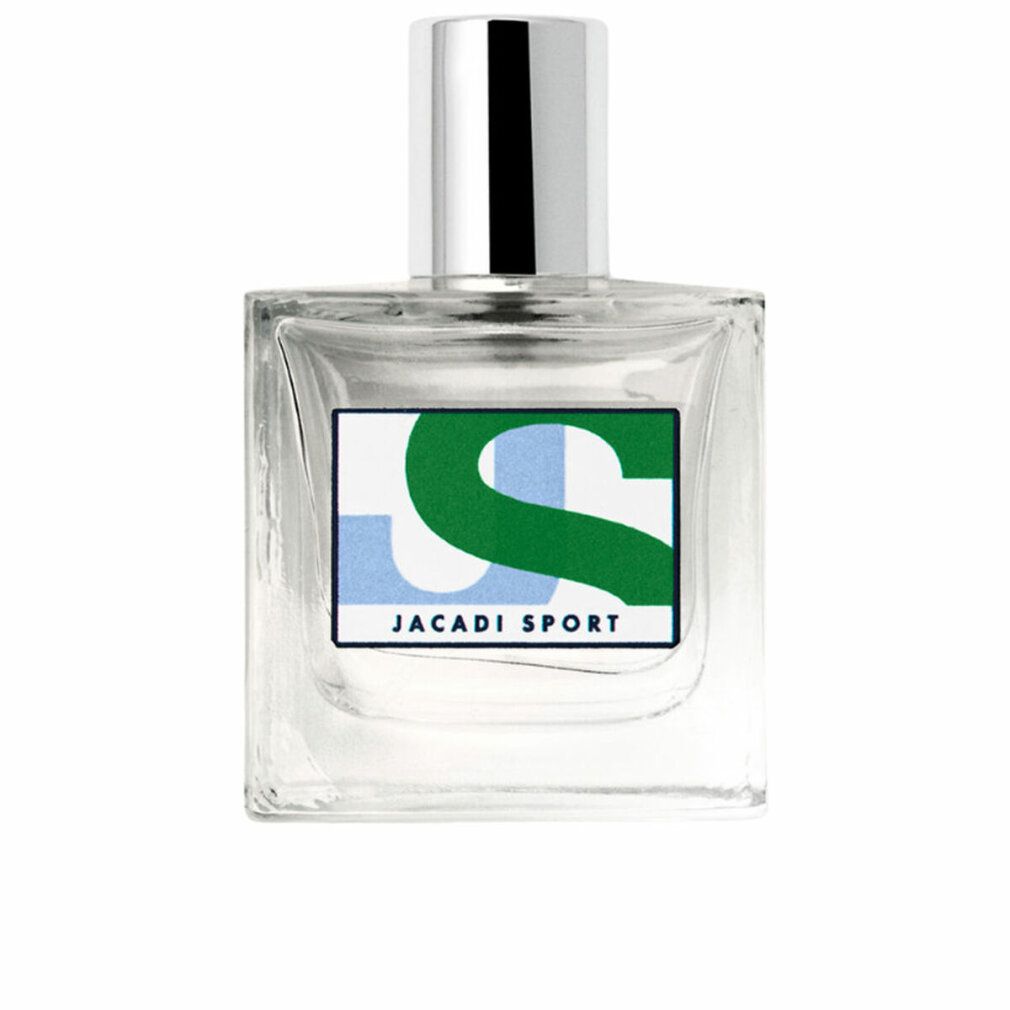 Flacone quadrato in vetro con tappo argentato. Etichetta con logo verde e blu e scritta JACADI SPORT.
