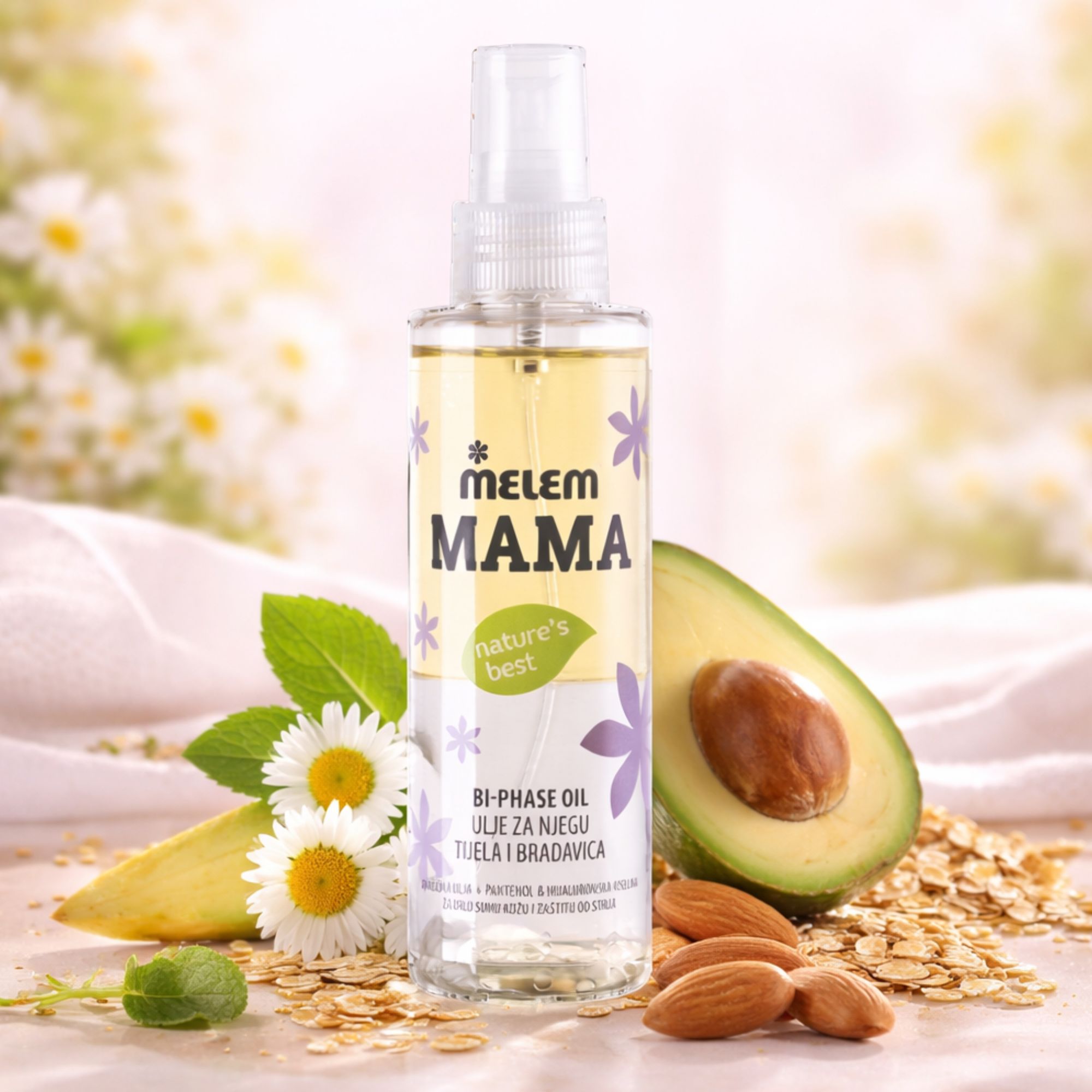 Olio bifasico MELEM Mama con avocado, mandorle, fiocchi d'avena e fiori.