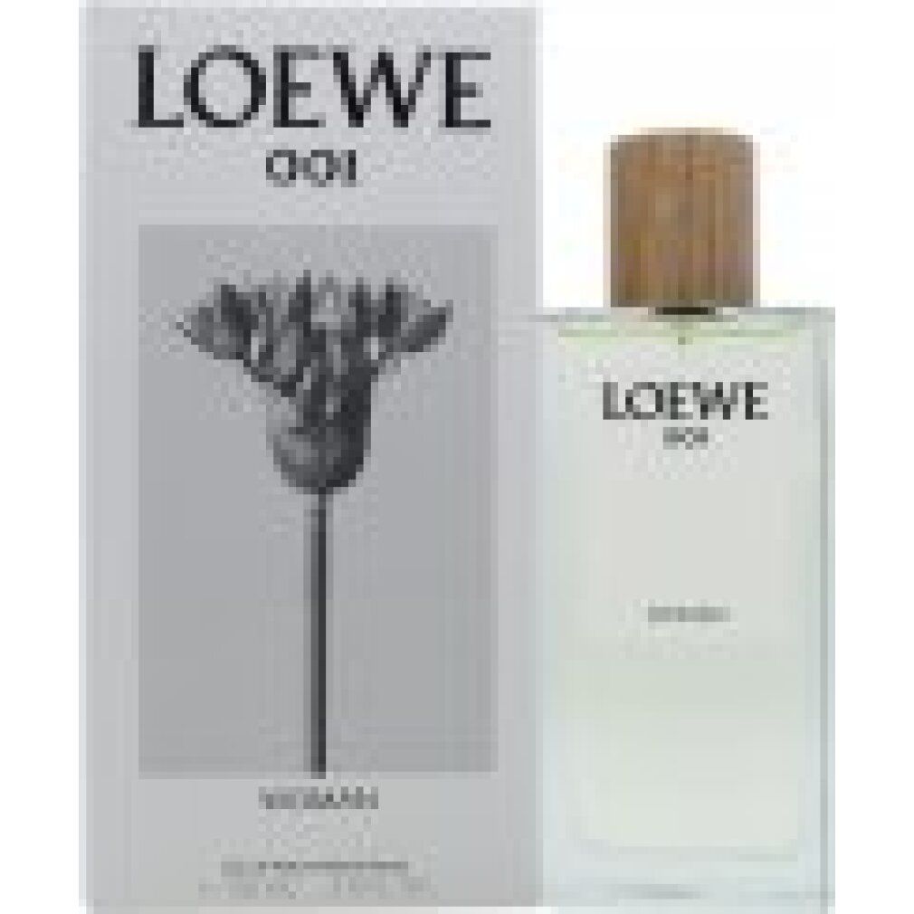 Flacone e confezione. Sulla confezione: "LOEWE 001 WOMAN". Flacone con tappo in legno.
