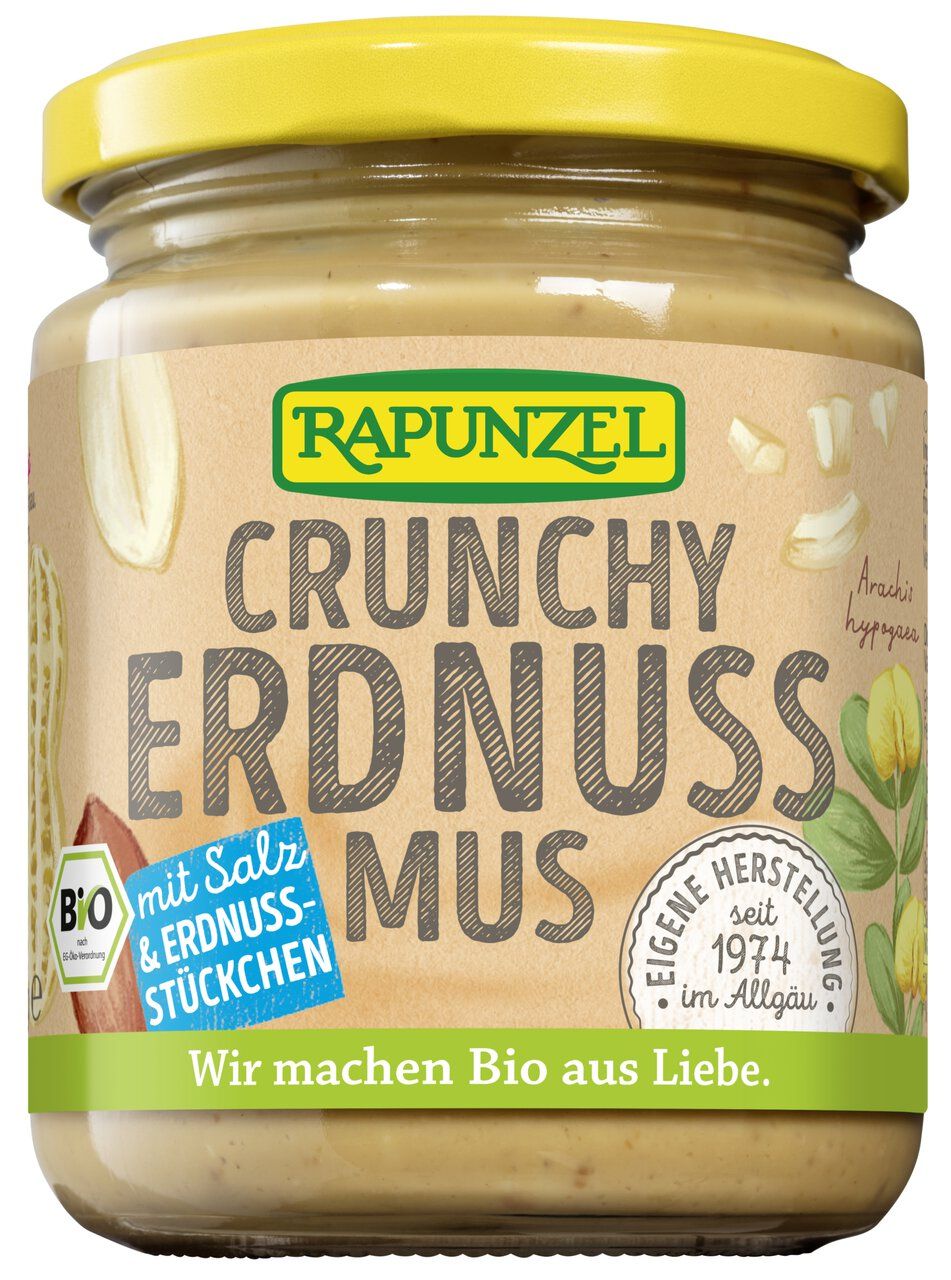 Rapunzel Burro di arachidi Crunchy con sale e pezzetti di arachidi in barattolo. Prodotto biologico.