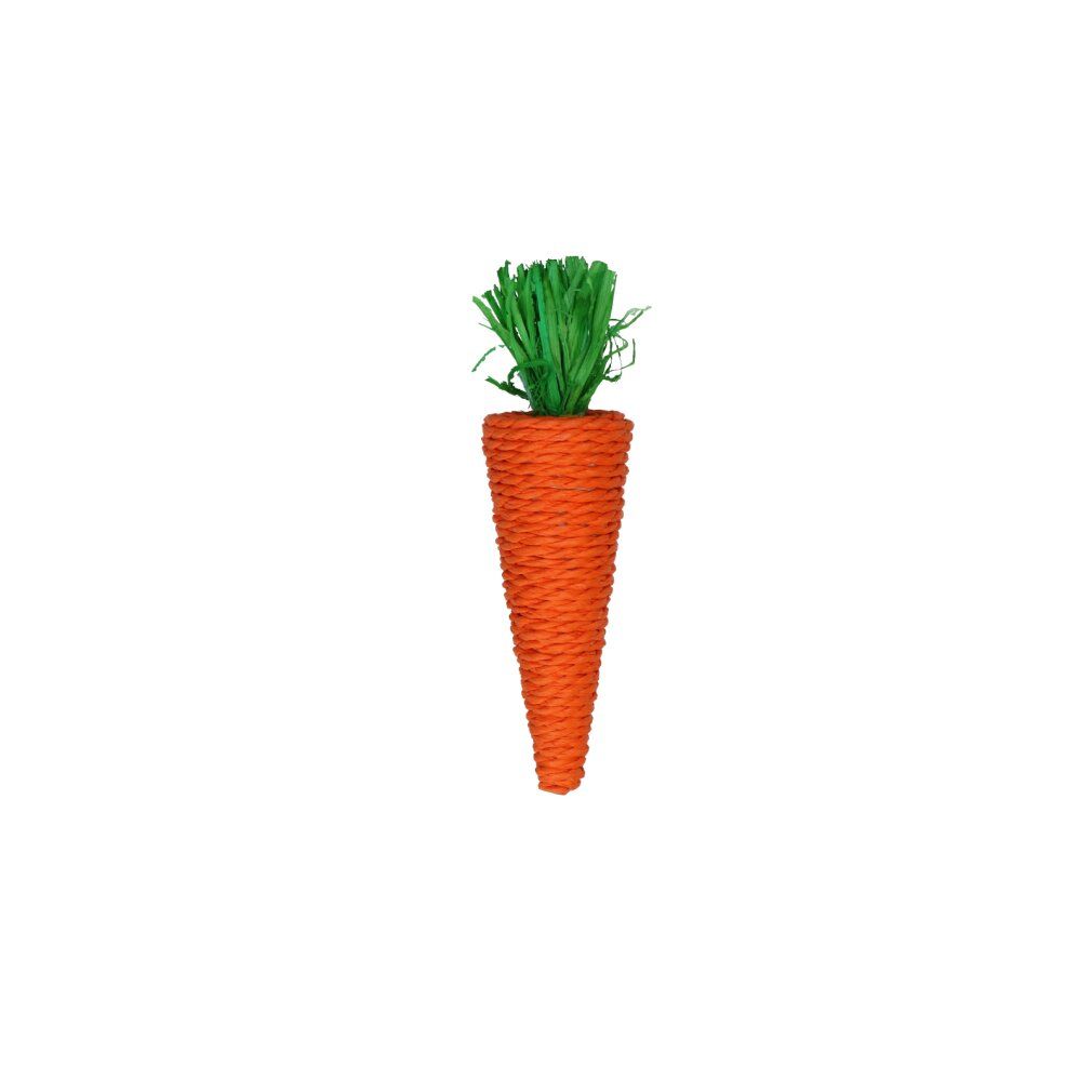 Giocattolo masticabile a forma di carota arancione intrecciata, con parte superiore verde. Su sfondo bianco.