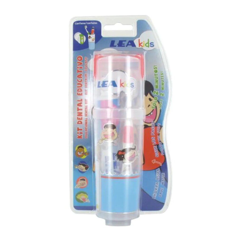Kit dentale educativo per bambini in confezione blister. Contiene spazzolino e contenitore. Dettagli blu e rossi. Scritta: LEA kids.