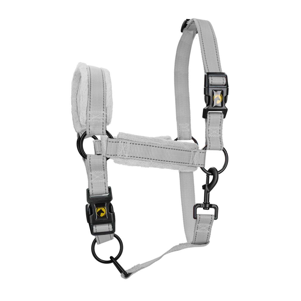 Cavezza grigia per pony con fibbie e anelli neri. Imbottitura e elementi riflettenti.