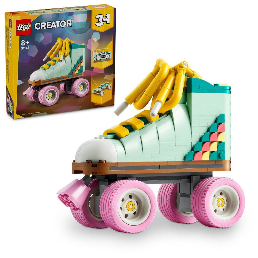 LEGO Creator 3in1. Pattino a rotelle retrò in mattoncini LEGO. Verde menta, ruote rosa, lacci gialli. Accanto alla confezione.