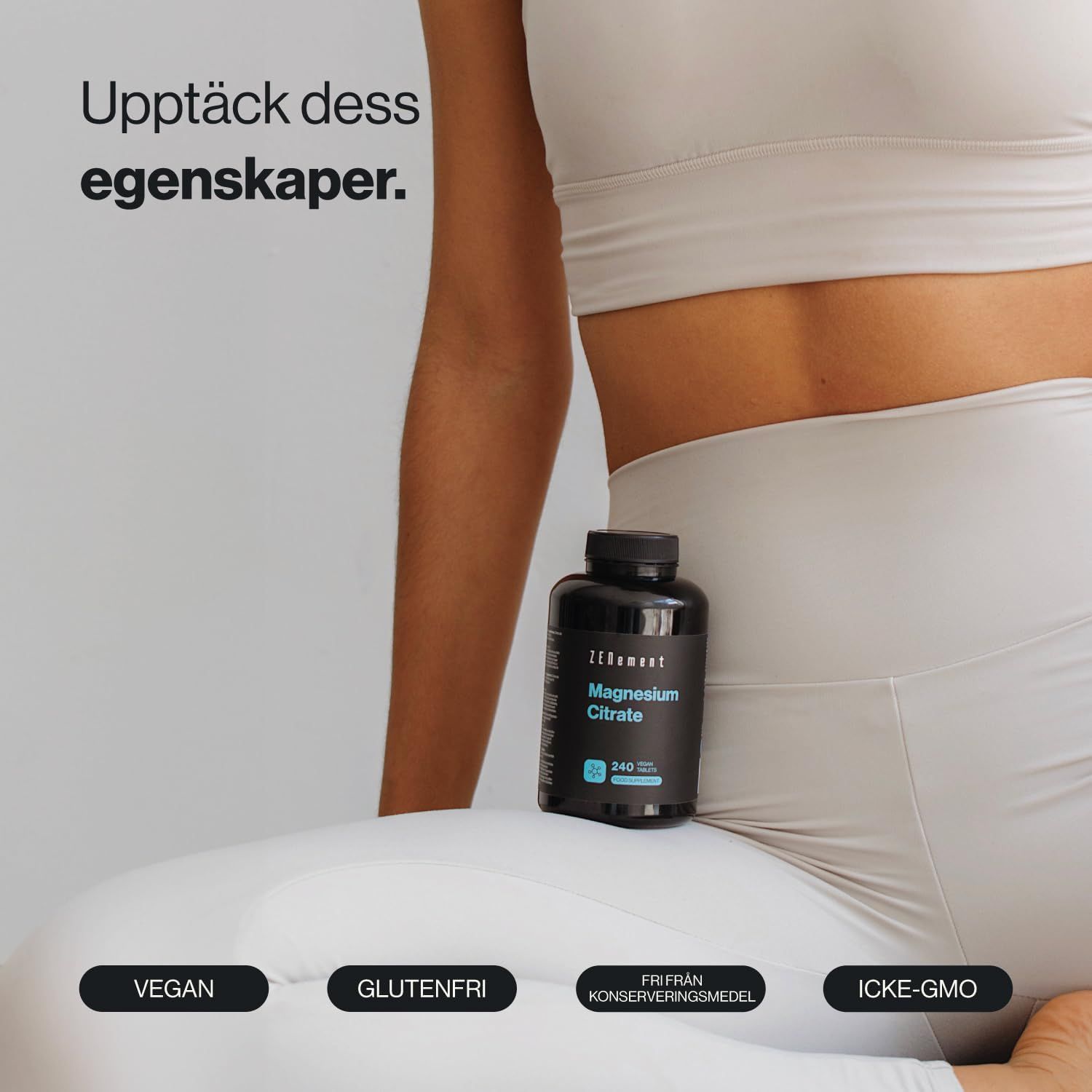 Flacone nero di capsule di citrato di magnesio Zenement. Vegano, senza glutine, senza conservanti, senza OGM.