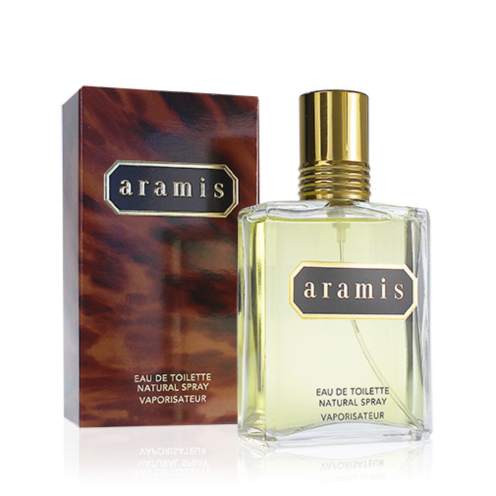 Flacone e confezione. Flacone con tappo dorato ed etichetta marrone "aramis". Confezione marrone con "aramis".