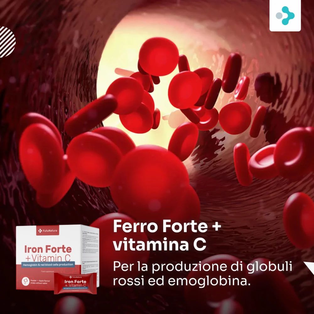 FutuNatura Ferro Forte + vitamina C. Globuli rossi in vena. Confezione visibile. Testo: Ferro Forte + vitamina C.