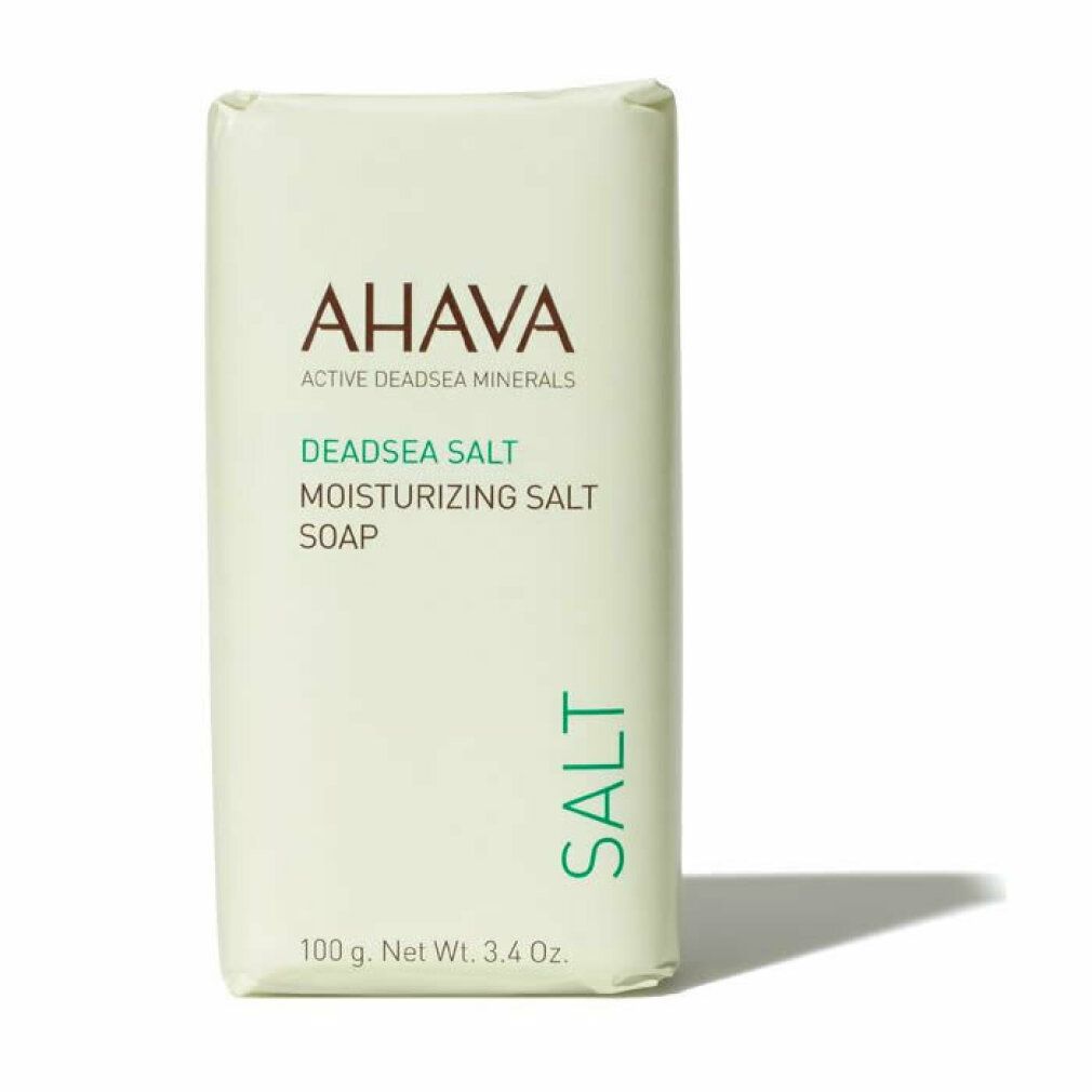 Sapone confezionato con logo e nome del marchio. Testo: AHAVA, DEADSEA SALT, MOISTURIZING SALT SOAP. Peso: 100 g.