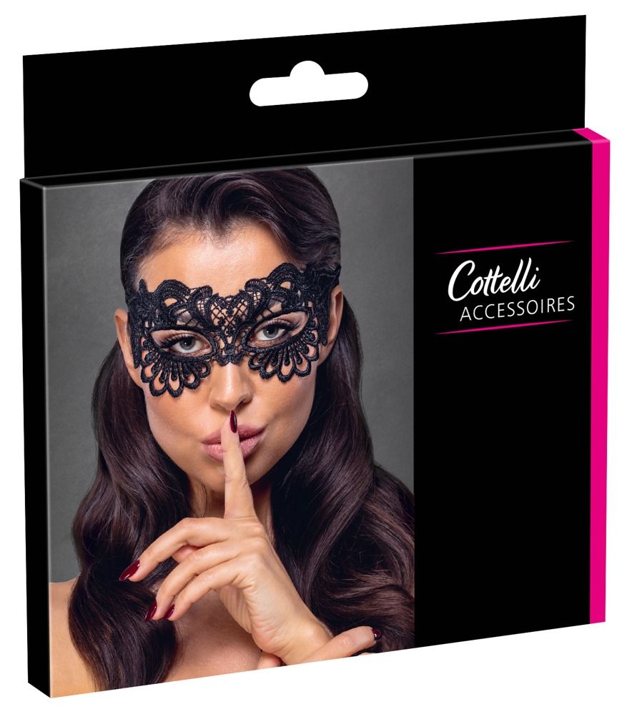 Confezione con maschera in pizzo nero e modella.