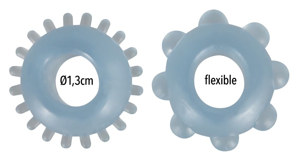 Due anelli per il pene blu. Un anello con punte, l'altro con nodi. Scritta: 01,3cm e flessibile. Materiale: TPE.
