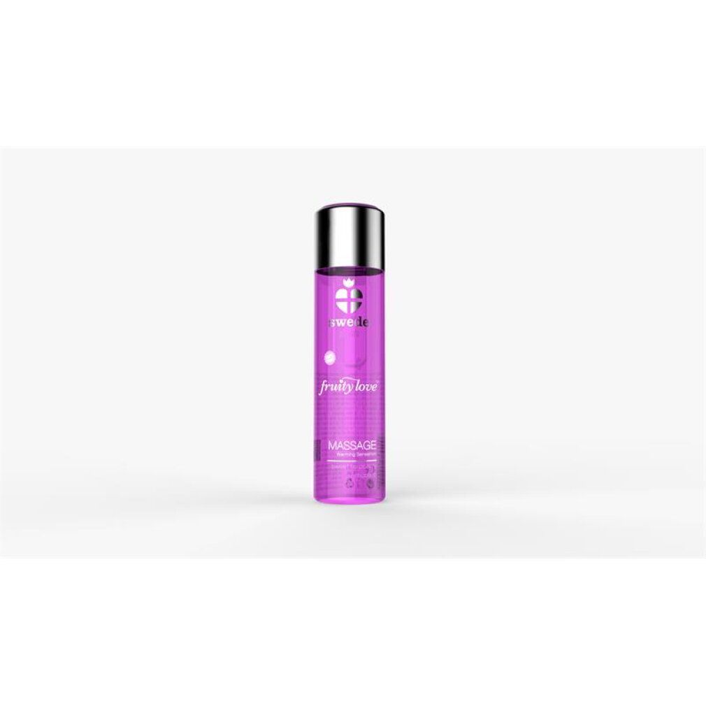 Flacone viola di olio da massaggio con tappo argentato, su sfondo bianco. Marca: Swede.