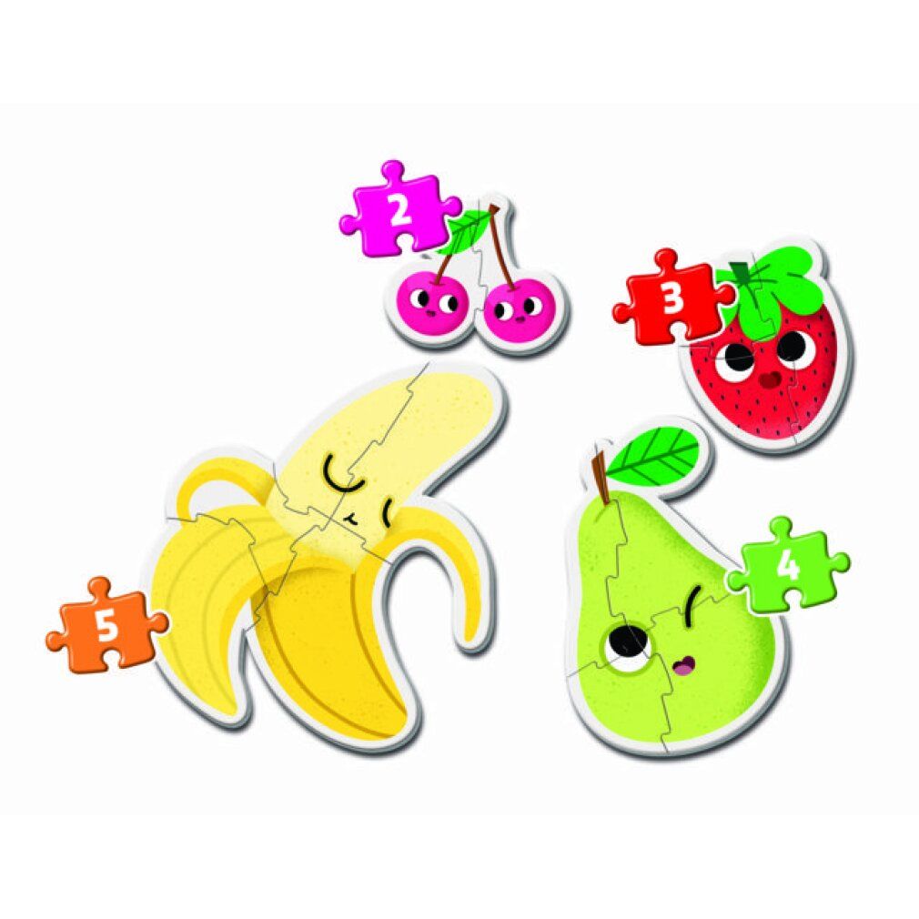 Puzzle di frutta: fragola, ciliegie, banana e pera. Pezzi di puzzle con numeri. Logo Clementoni.
