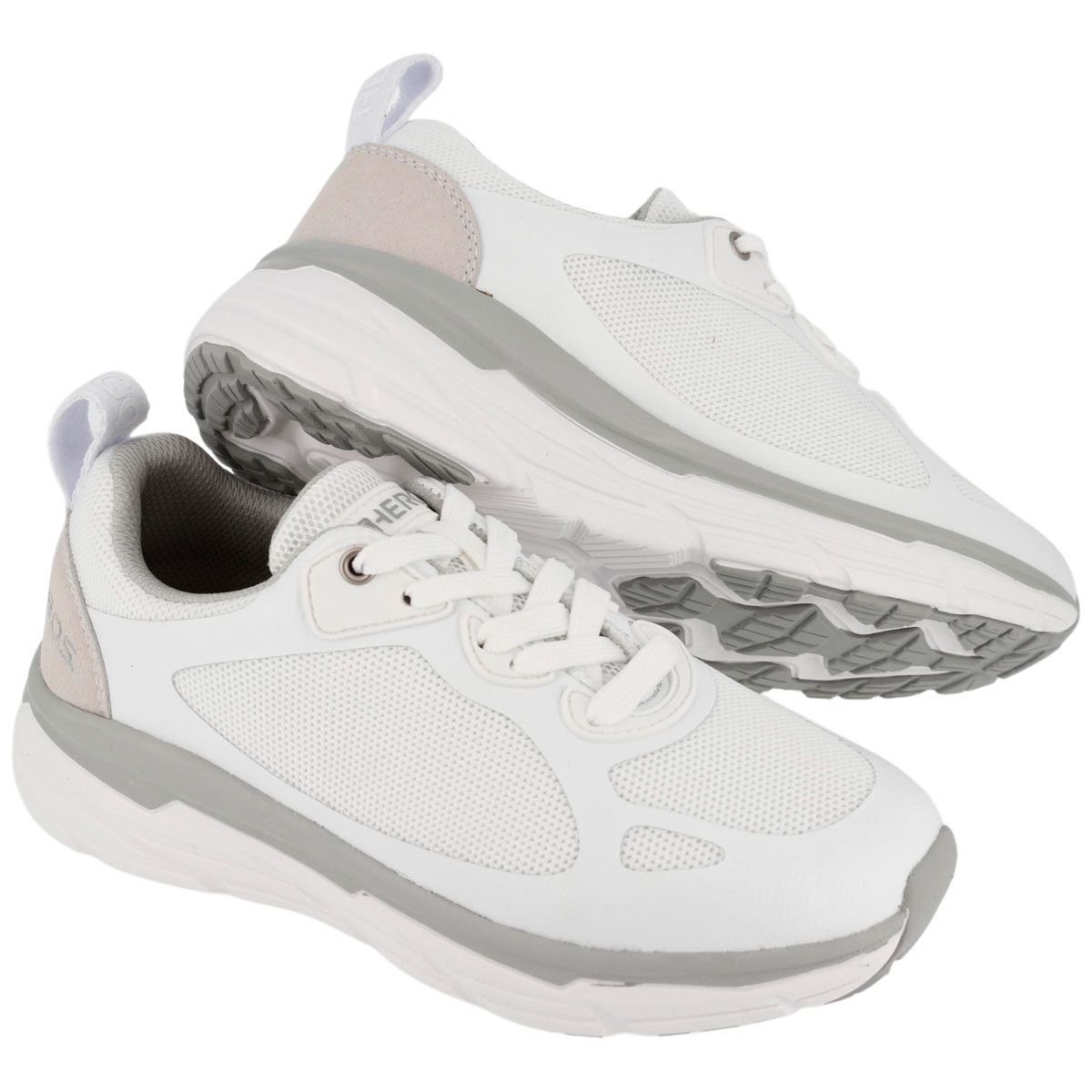 Sneakers bianche con dettagli grigi. Tomaia in mesh, lacci e suola spessa. Suola biomeccanica.