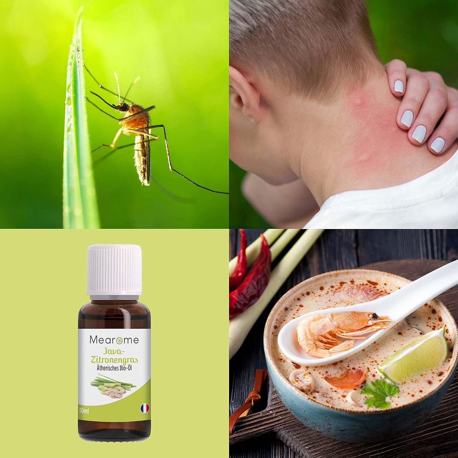 Composizione di quattro immagini. Zanzare, eruzione cutanea, flacone del prodotto e zuppa. Flacone del prodotto con etichetta.
