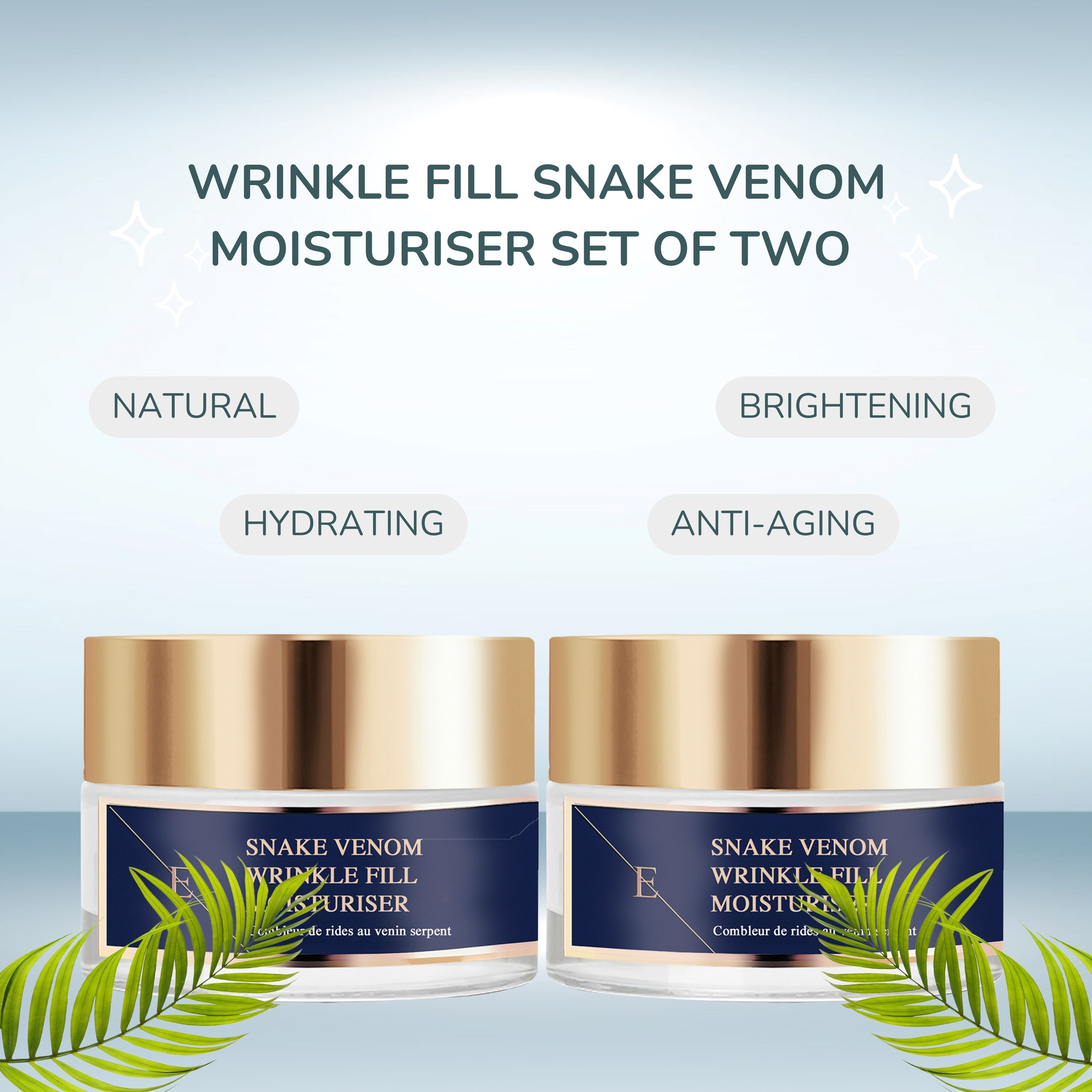 Due vasetti di crema idratante con coperchi dorati. Scritta: Snake Venom Wrinkle Fill Moisturiser. Set of Two.