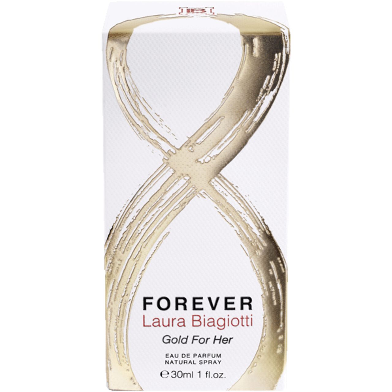 Confezione bianca con design dorato. Scritta "FOREVER Laura Biagiotti Gold For Her". Testo: Eau de Parfum Natural Spray.